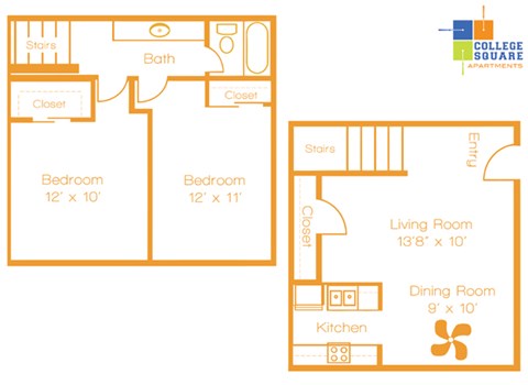 Floor plan for 2 beds, 1 bath, 950 sqft