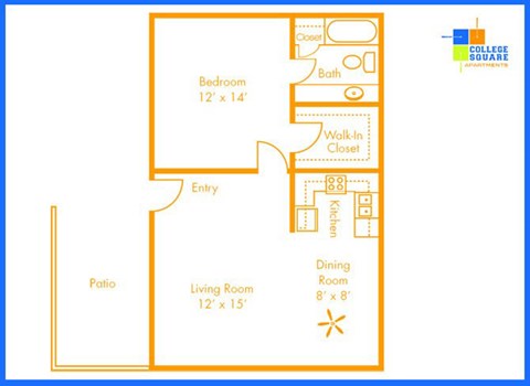 Floor plan for 1 bed, 1 bath, 600 sqft