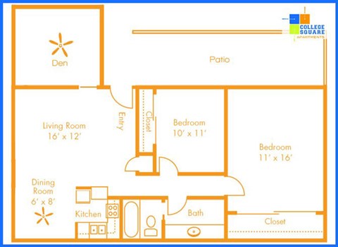 Floor plan for 2 beds, 1 bath, 950 sqft