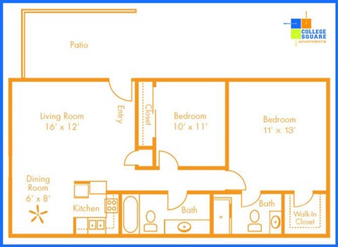 Floor plan for 2 beds, 2 baths, 800 sqft