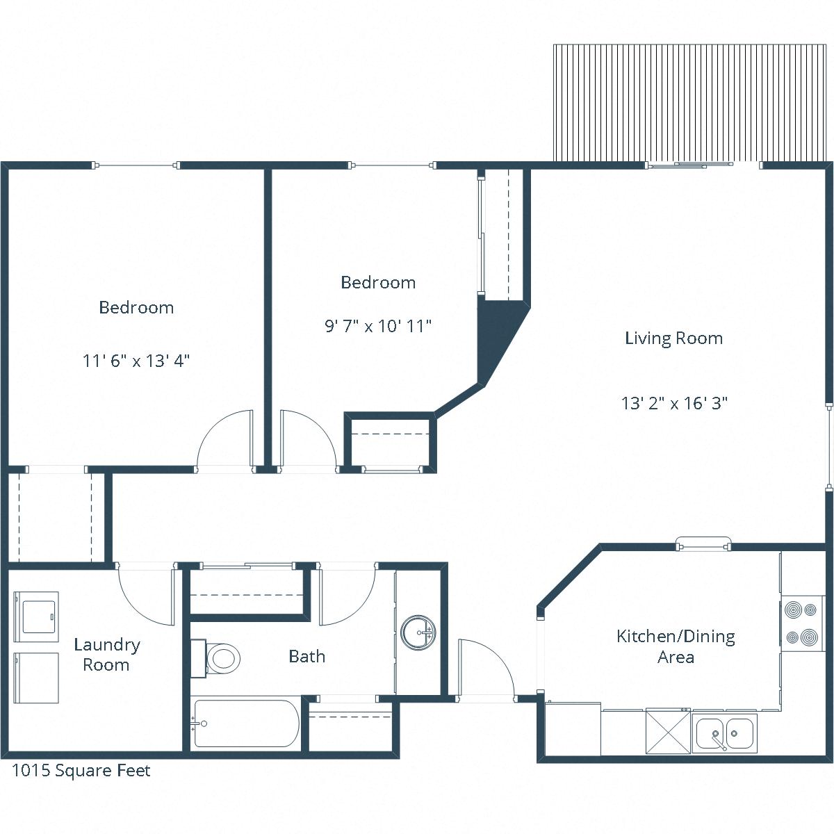 Floor plan for 2 beds, 1 bath, 1015 sqft