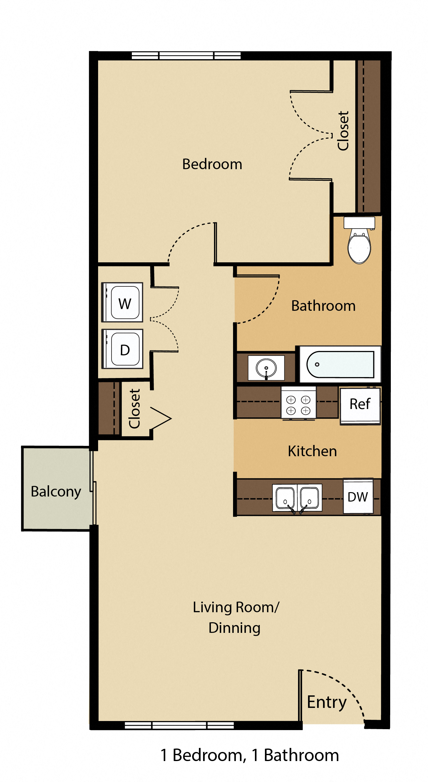 Floor plan for 1 bed, 1 bath, 593 sqft