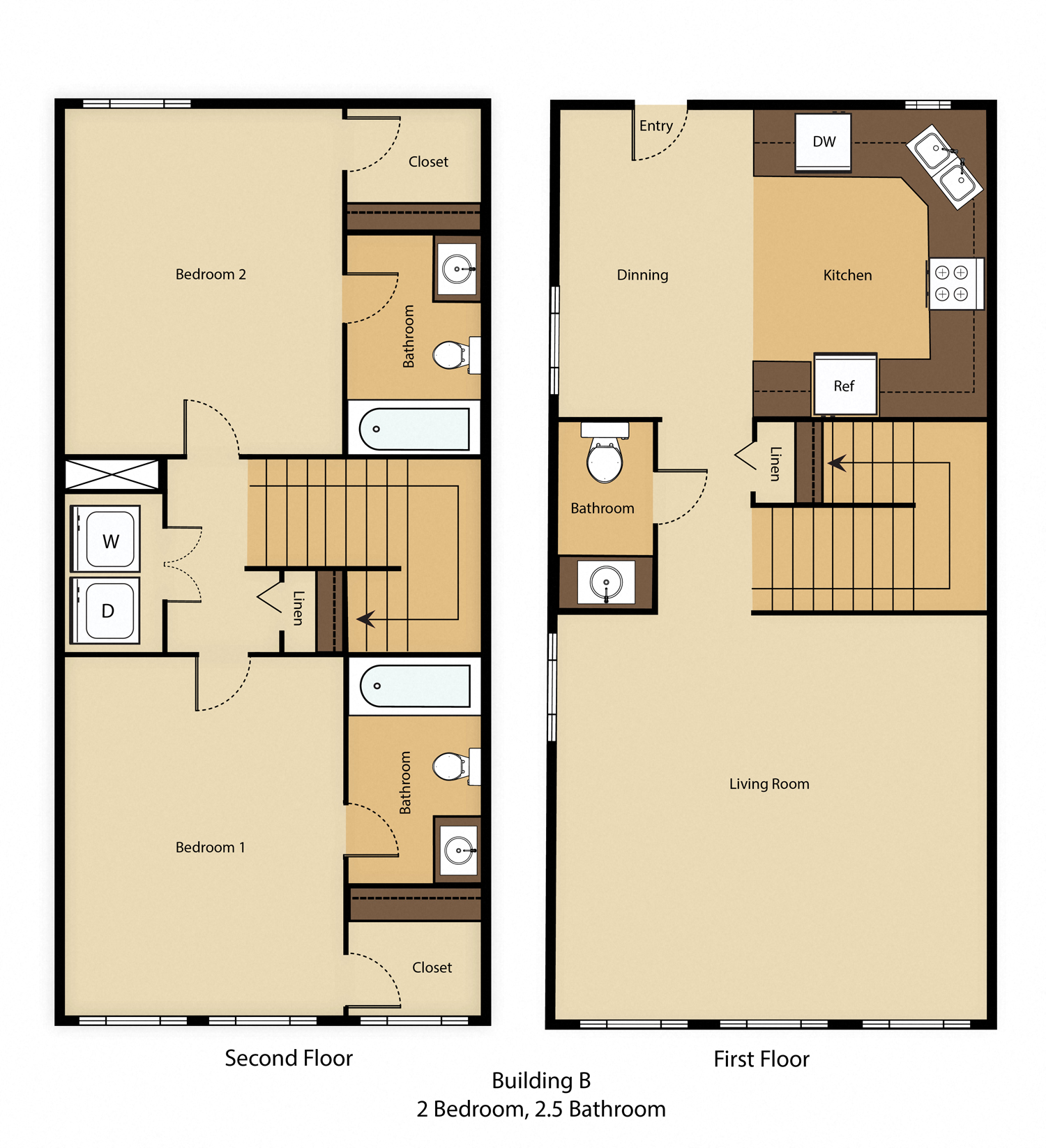 Floor plan for 2 beds, 2 baths, 985 sqft