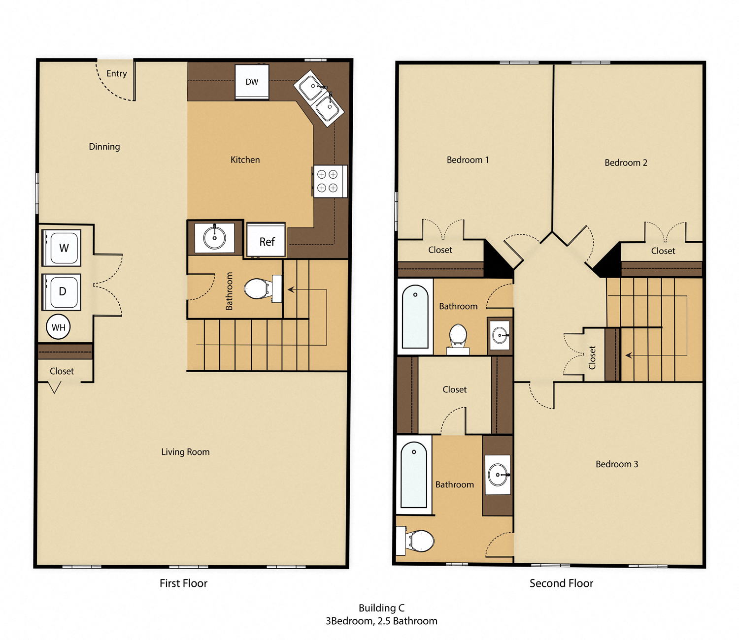 Floor plan for 3 beds, 2.5 baths, 1255 sqft