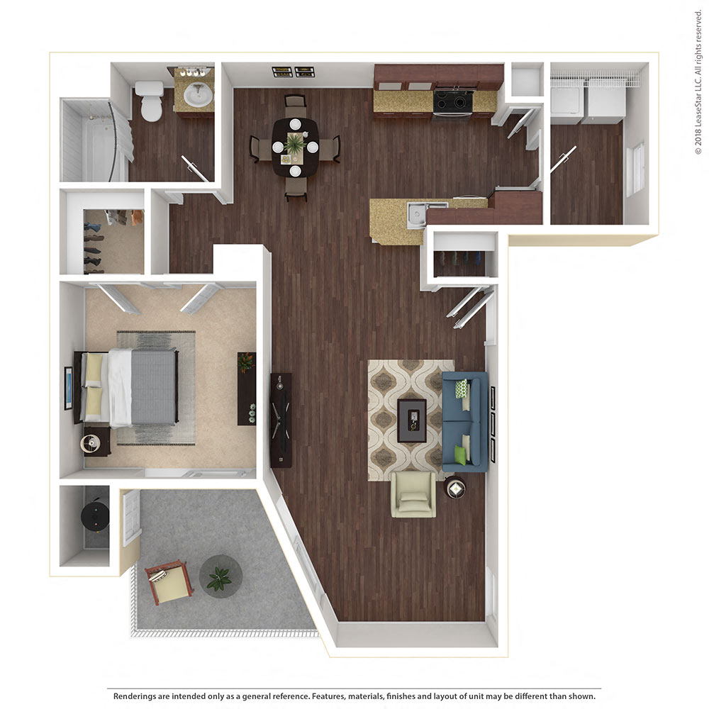 Floor plan for 1 bed, 1 bath, 852 sqft
