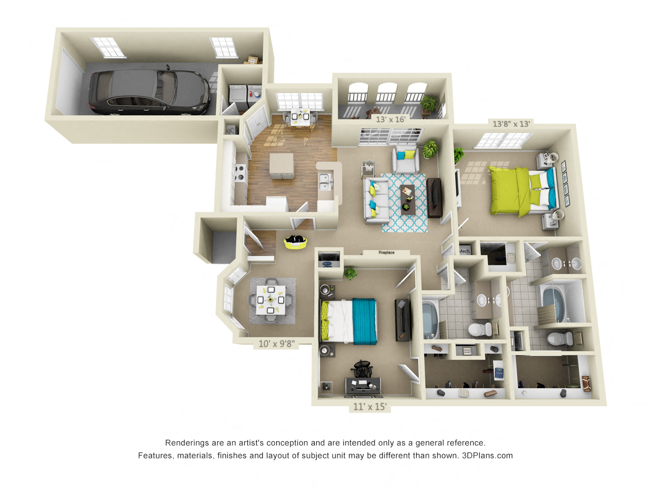 Floor plan for 2 beds, 2 baths, 1365 sqft