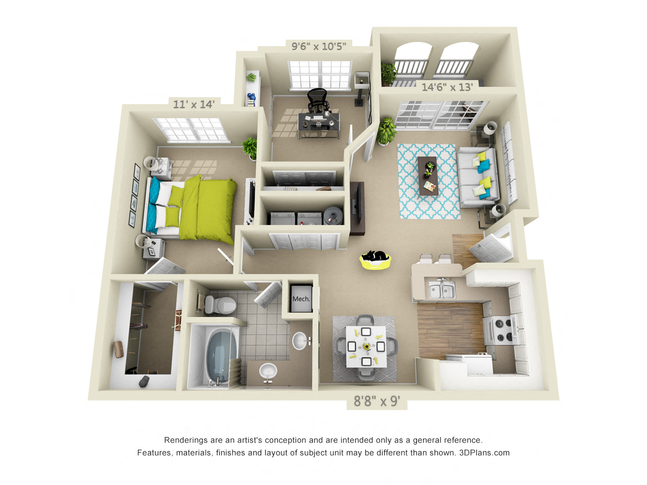 Floor plan for 1 bed, 1 bath, 945 sqft