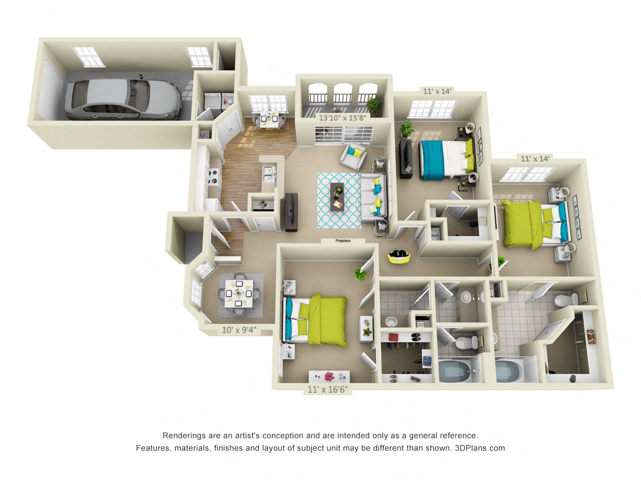 Floor plan for 3 beds, 2 baths, 1550 sqft
