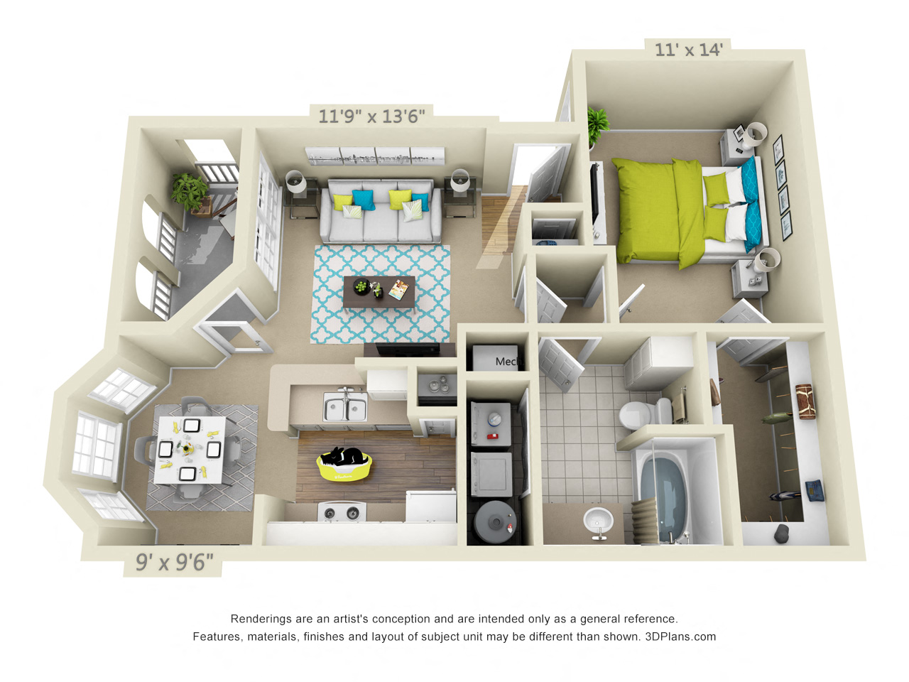 Floor plan for 1 bed, 1 bath, 775 sqft