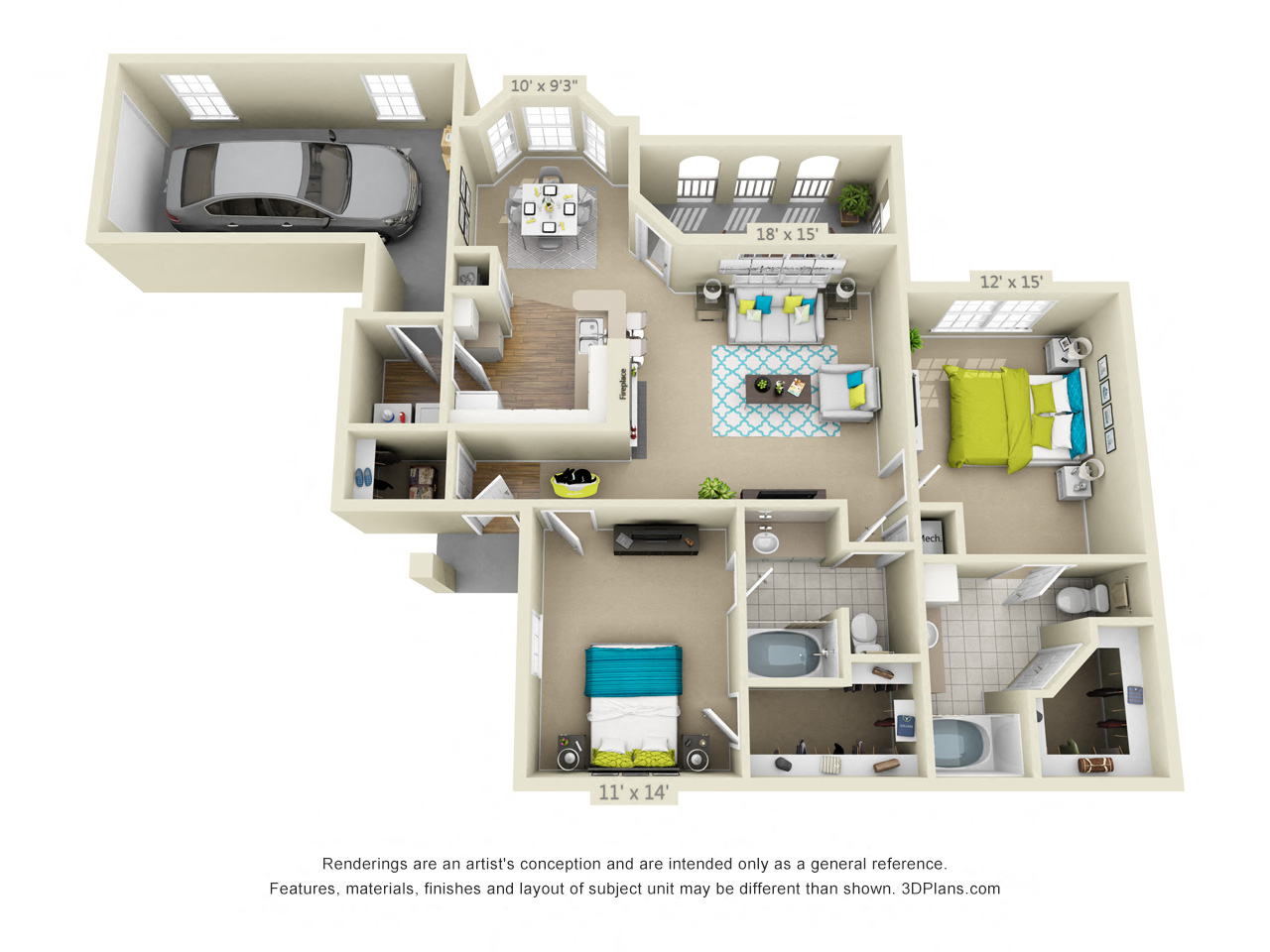 Floor plan for 2 beds, 2 baths, 1280 sqft