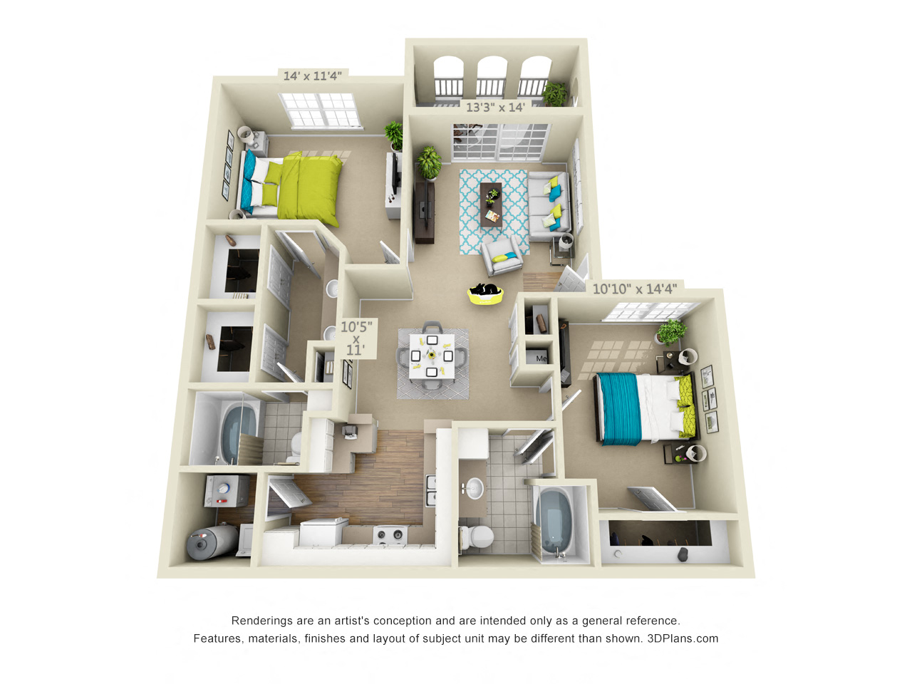 Floor plan for 2 beds, 2 baths, 1200 sqft