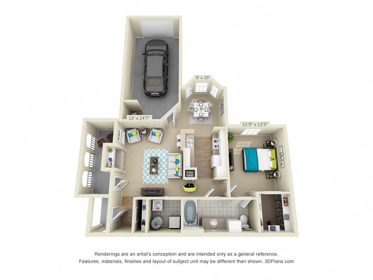 Floor plan for 1 bed, 1 bath, 797 sqft