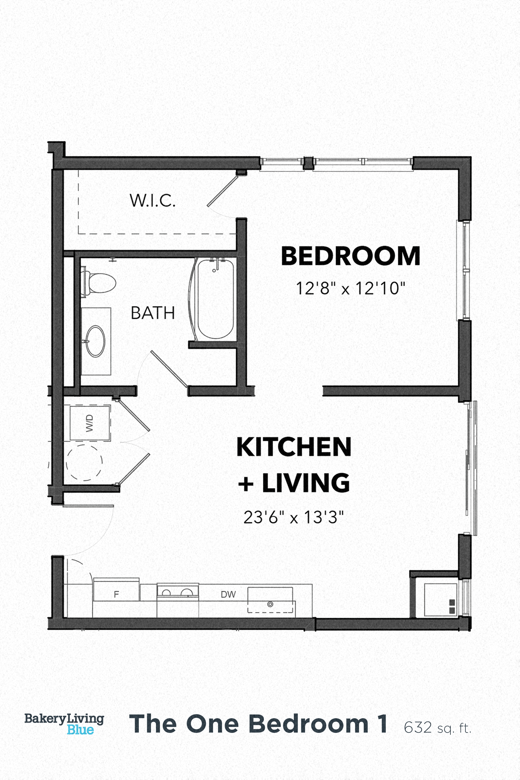 Floor plan for 1 bed, 1 bath, 632 sqft