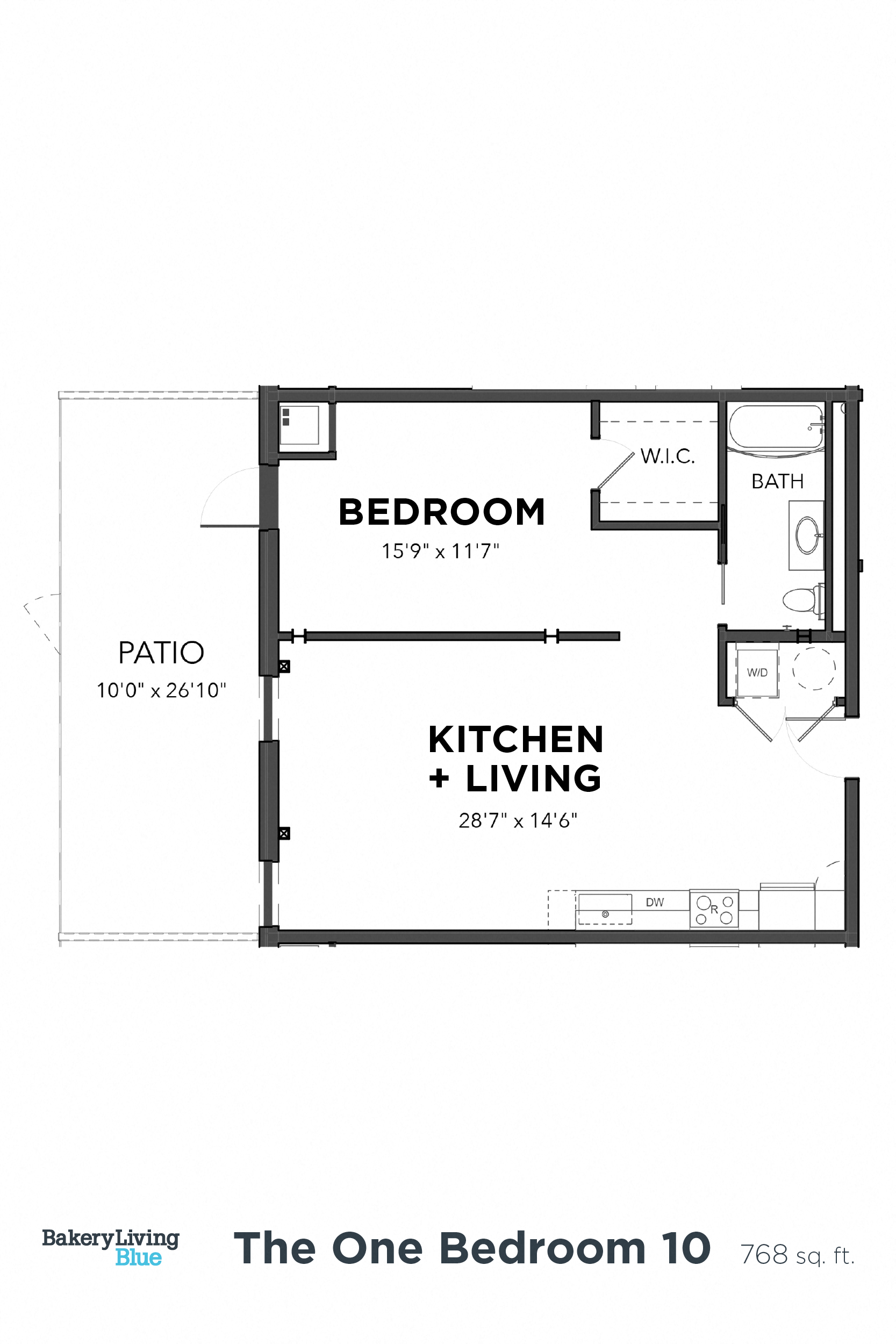 Floor plan for 1 bed, 1 bath, 768 sqft