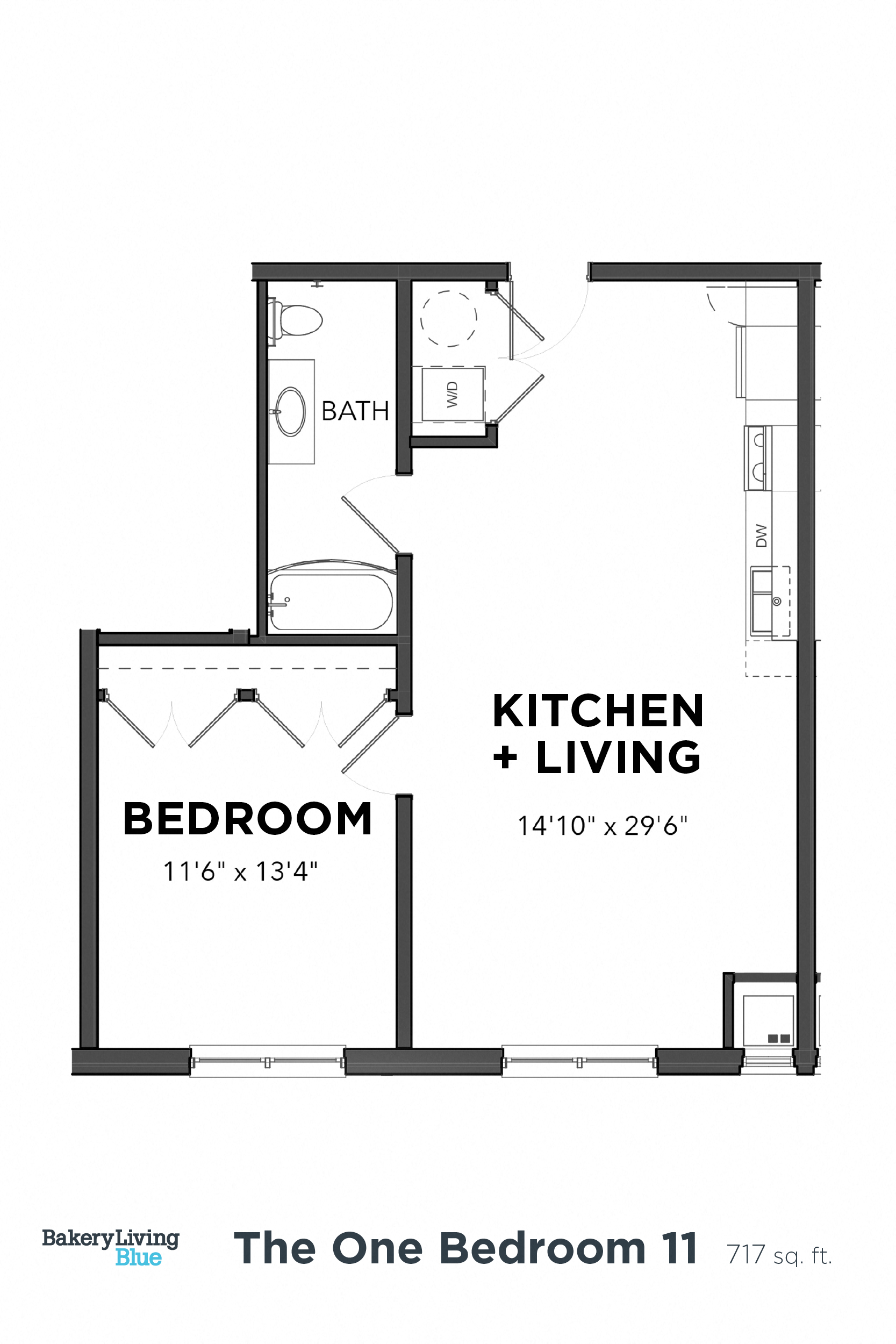 Floor plan for 1 bed, 1 bath, 717 sqft