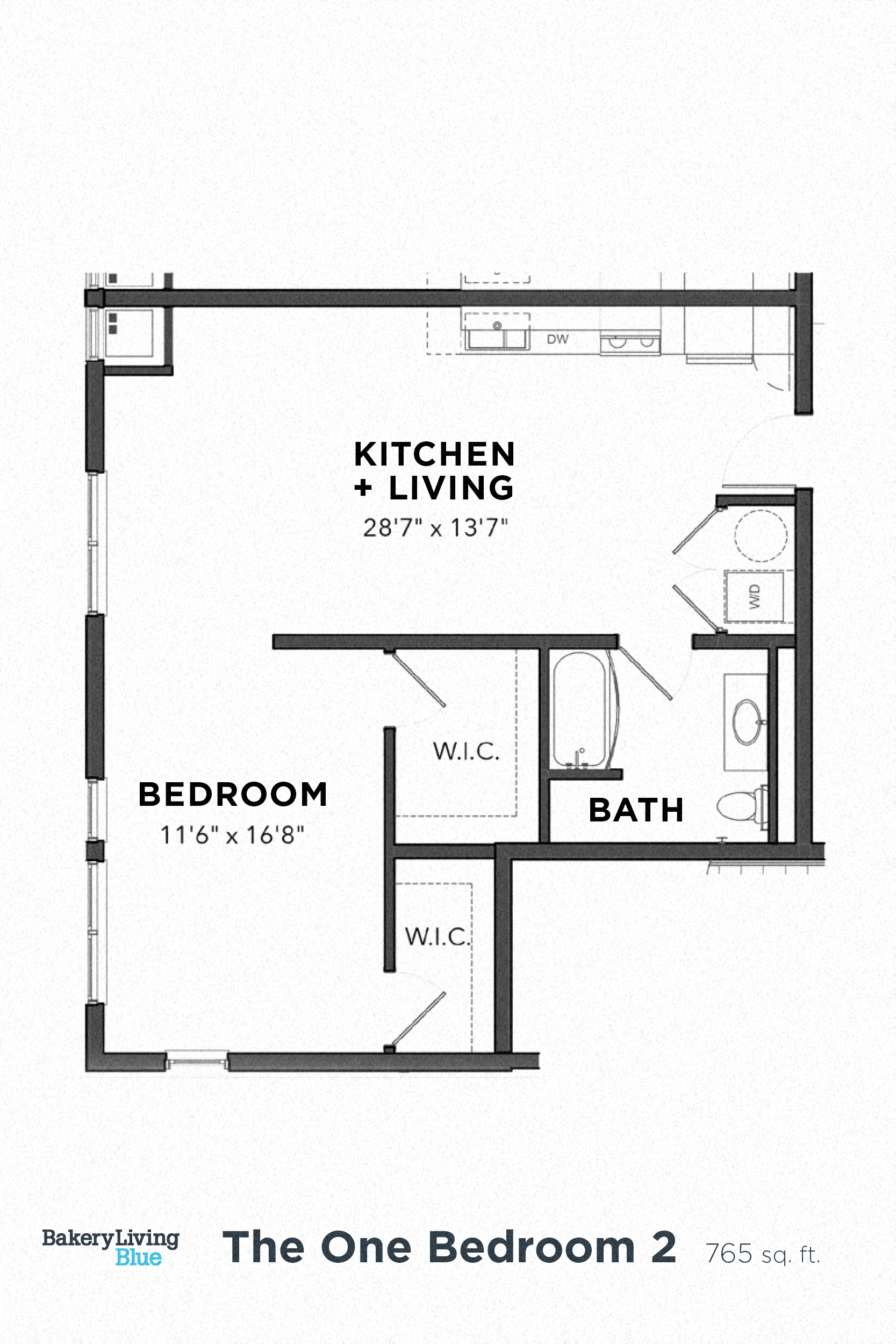 Floor plan for 1 bed, 1 bath, 710 sqft