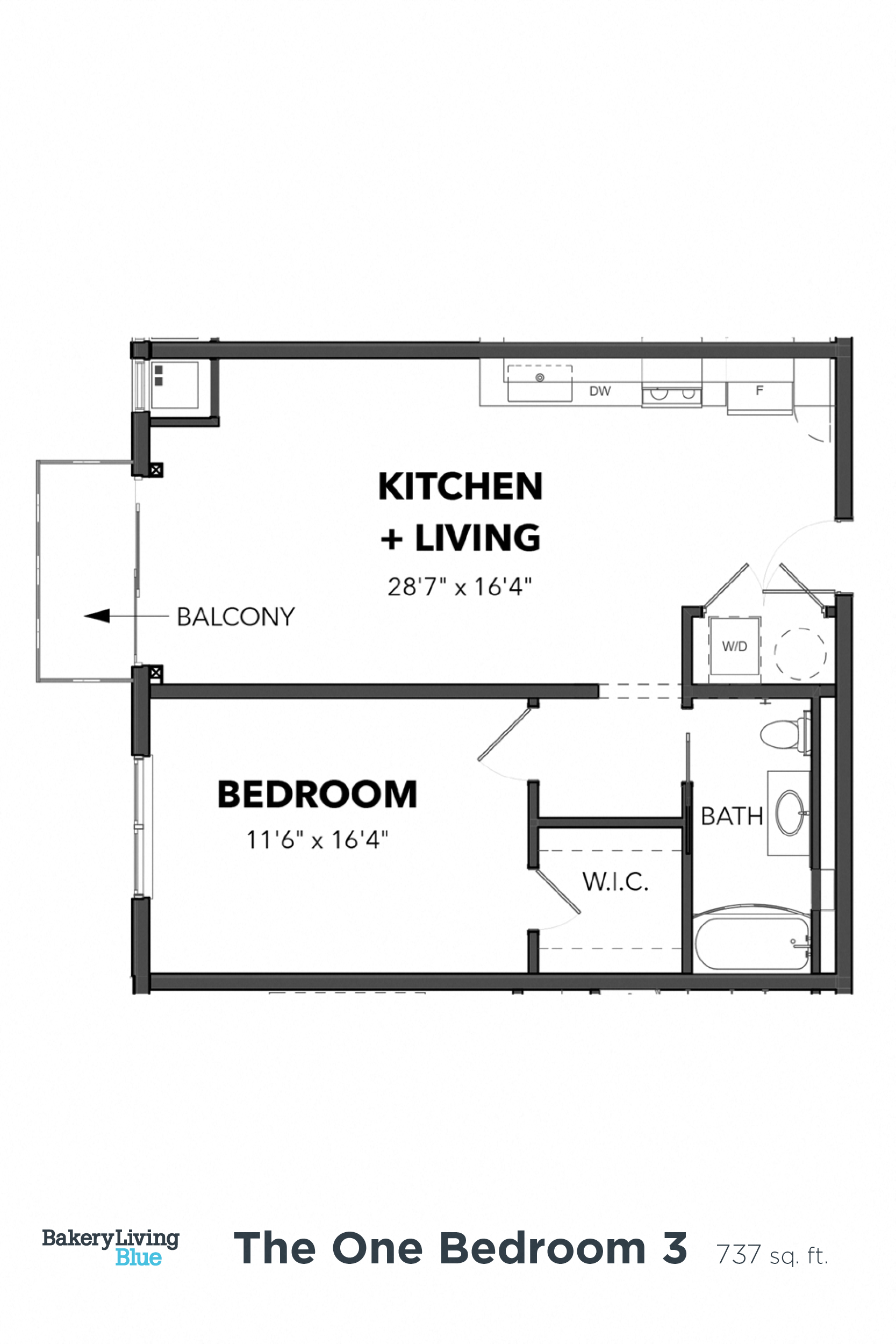 Floor plan for 1 bed, 1 bath