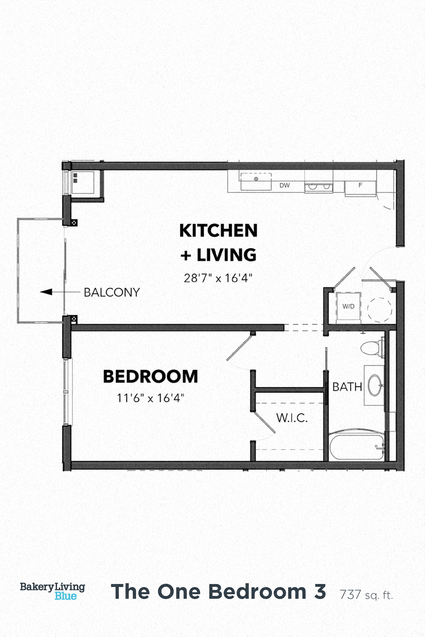Floor plan for 1 bed, 1 bath, 737 sqft
