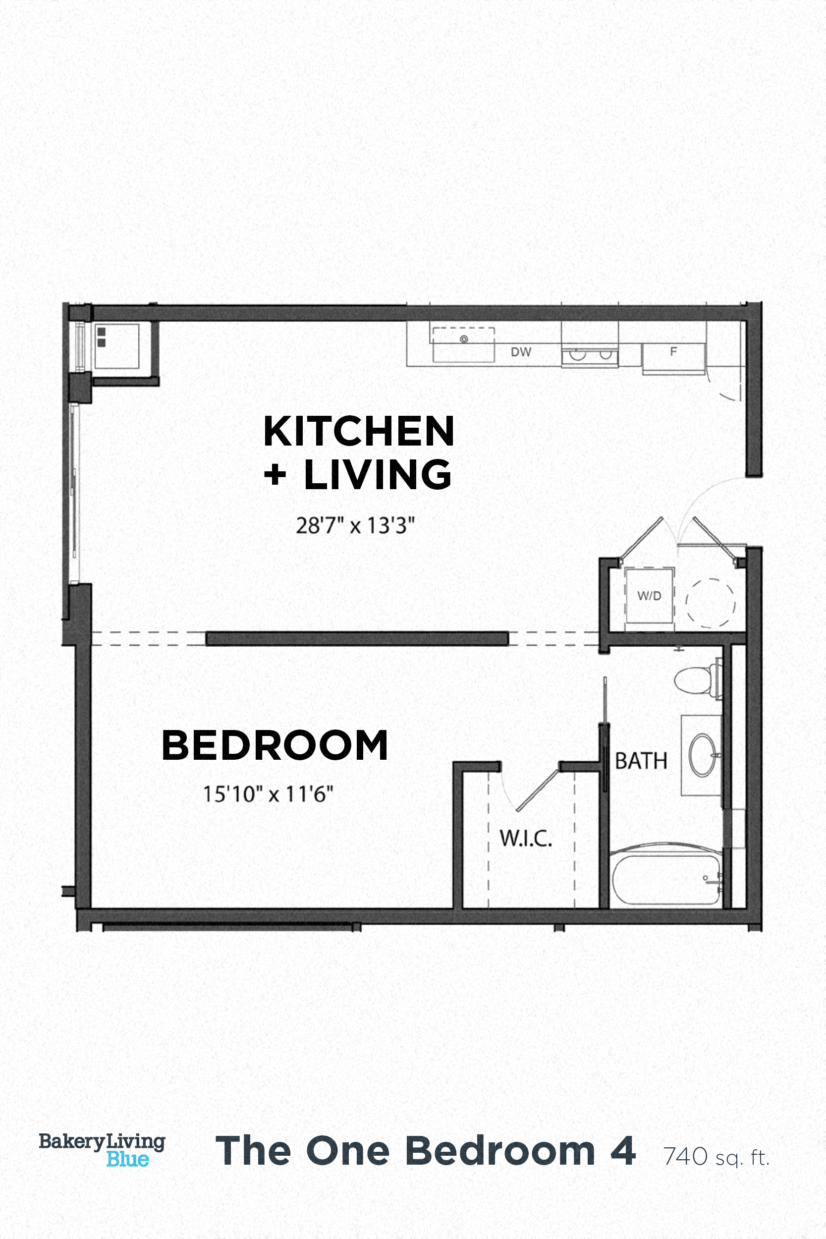 Floor plan for 1 bed, 1 bath, 740 sqft