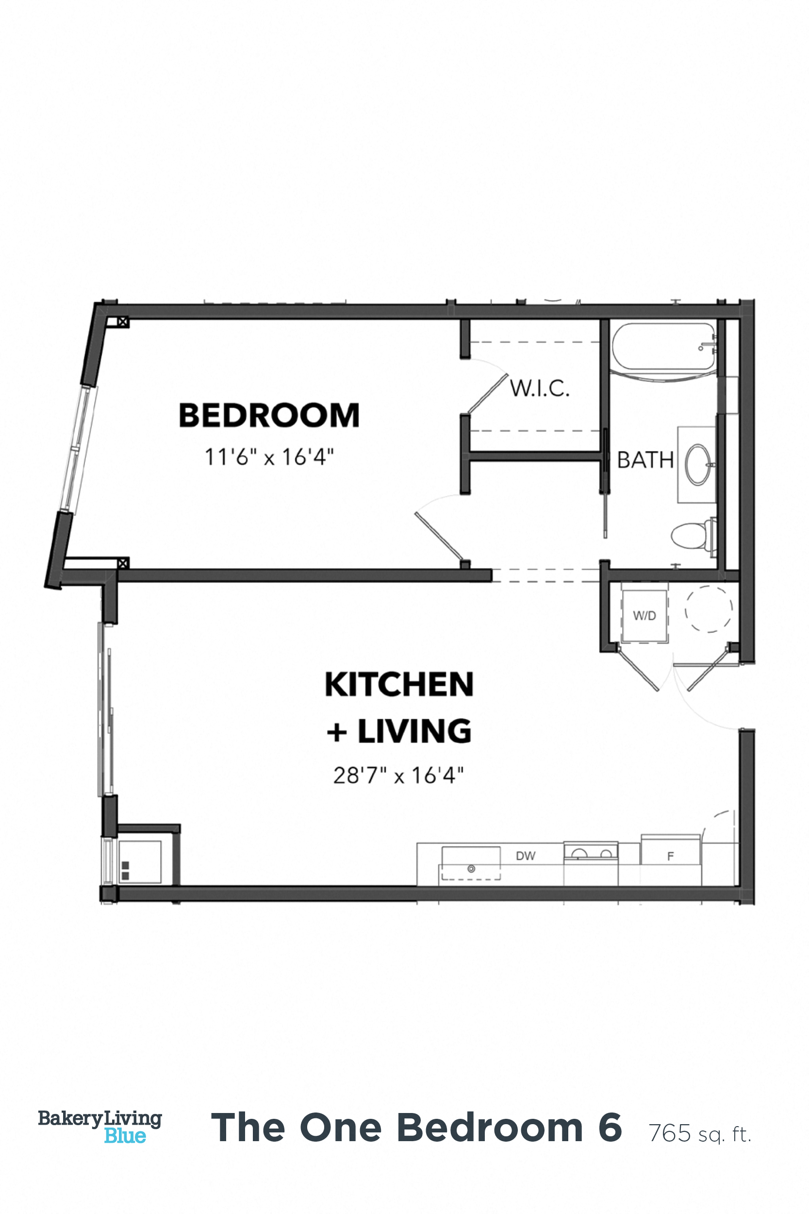 Floor plan for 1 bed, 1 bath, 765 sqft