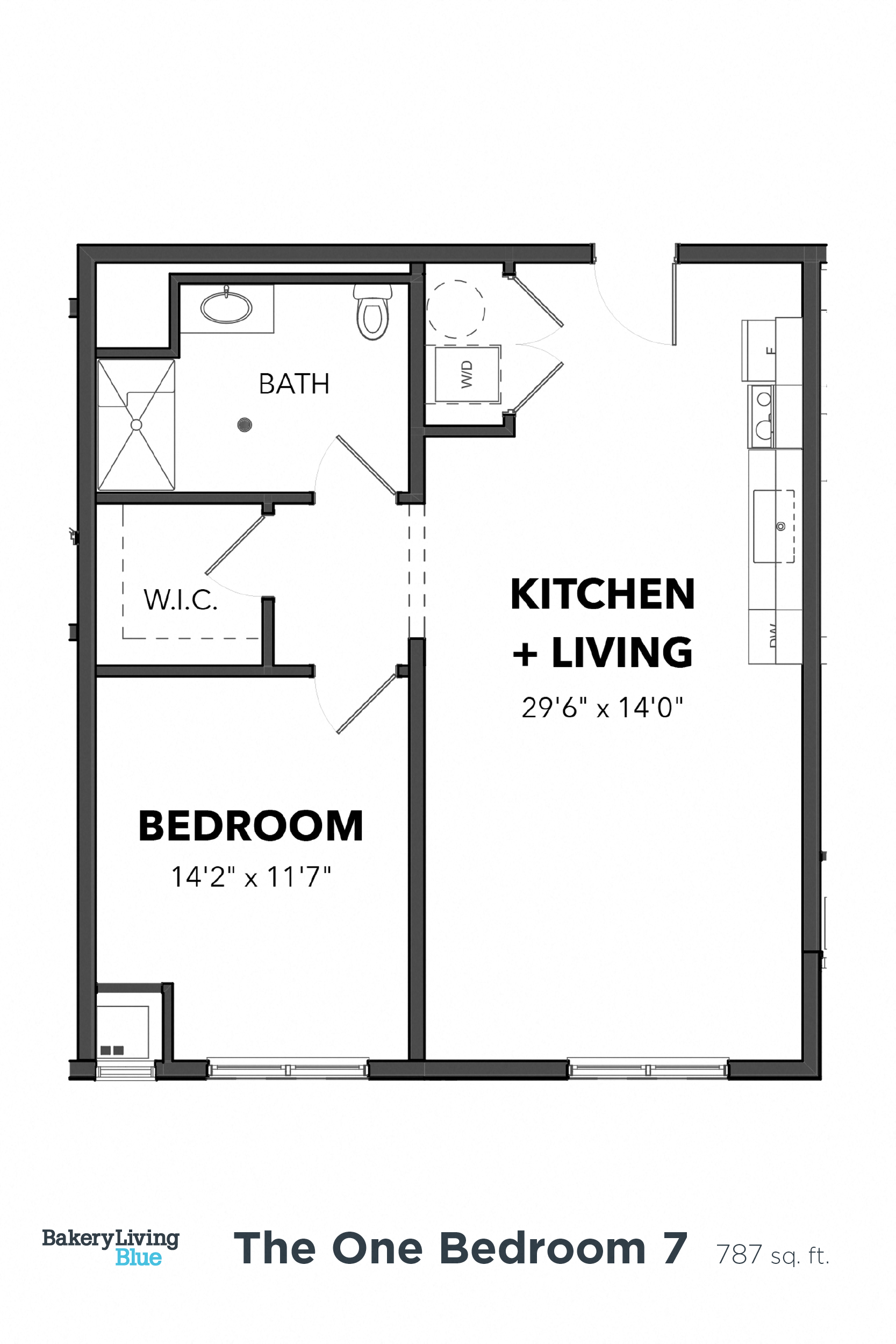 Floor plan for 1 bed, 1 bath, 787 sqft
