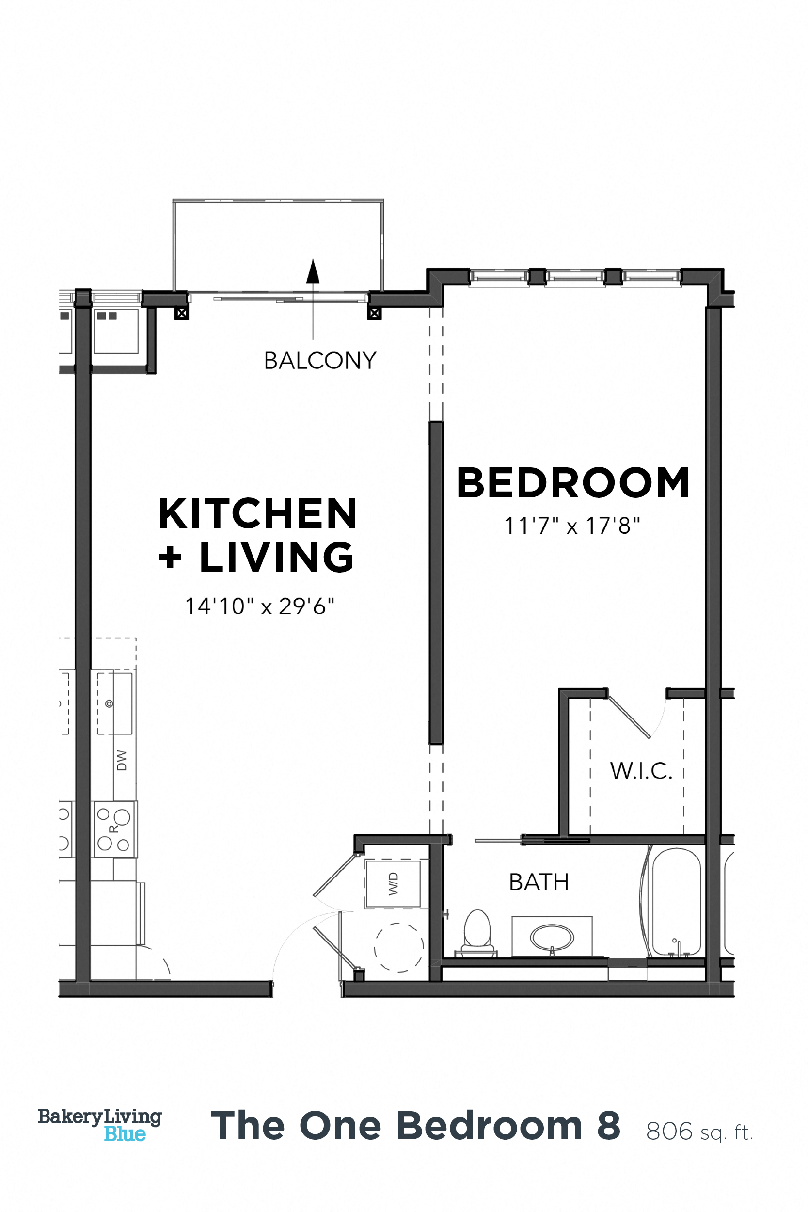 Floor plan for 1 bed, 1 bath, 809 sqft