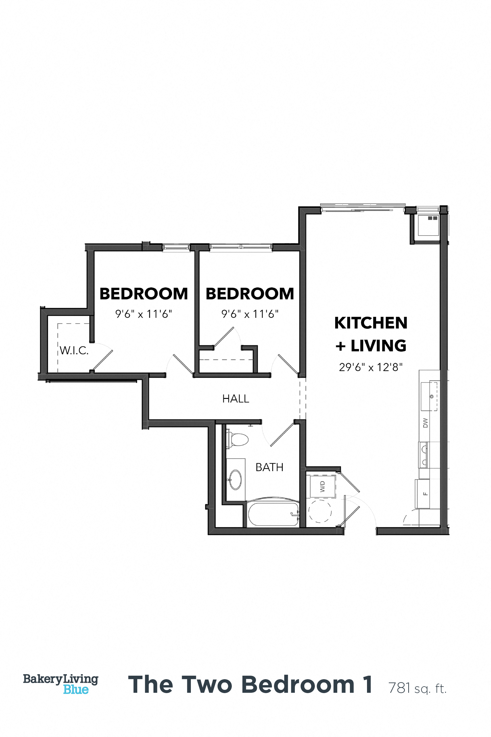 Floor plan for 2 beds, 1 bath, 781 sqft