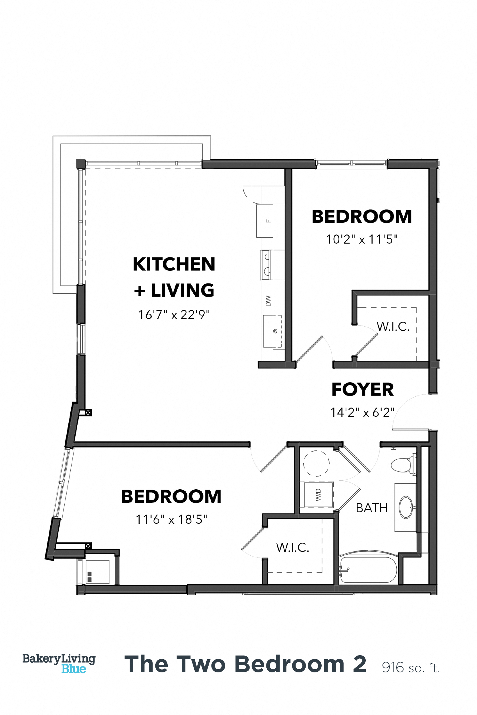 Floor plan for 2 beds, 1 bath, 916 sqft