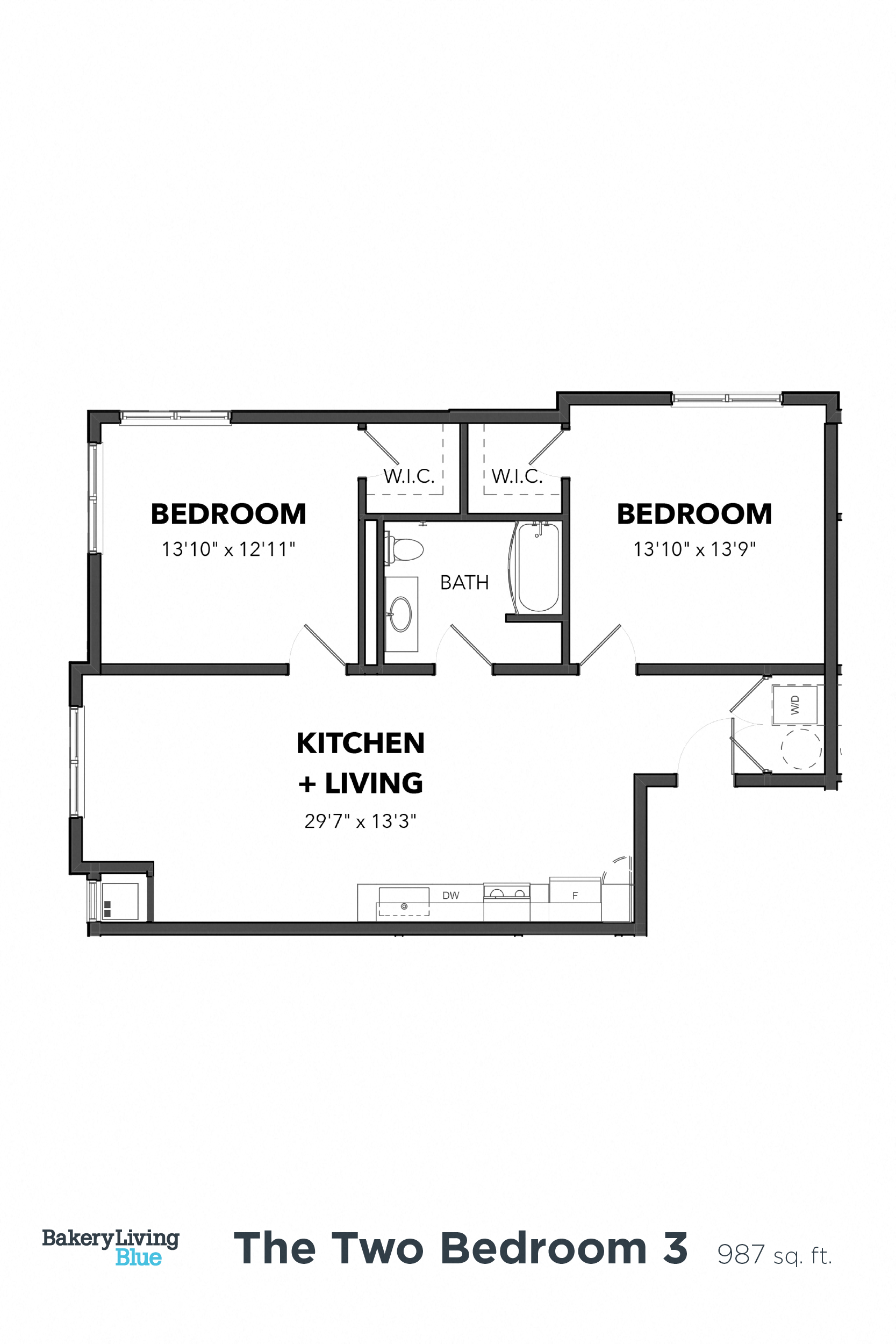 Floor plan for 2 beds, 1 bath, 987 sqft