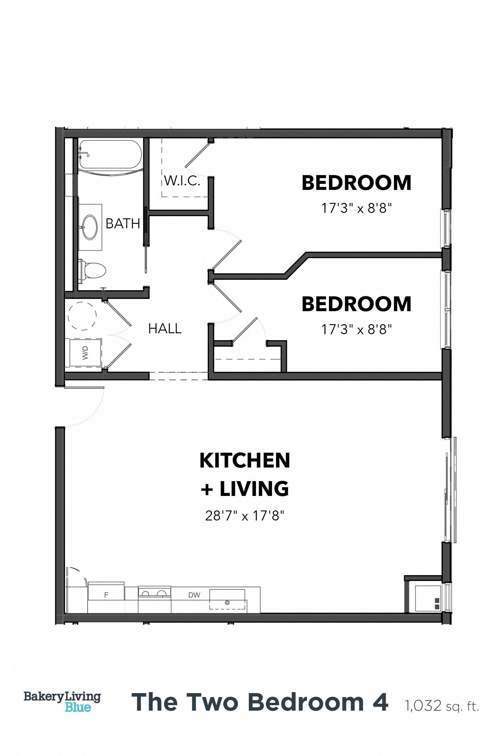 Floor plan for 2 beds, 1 bath, 1032 sqft