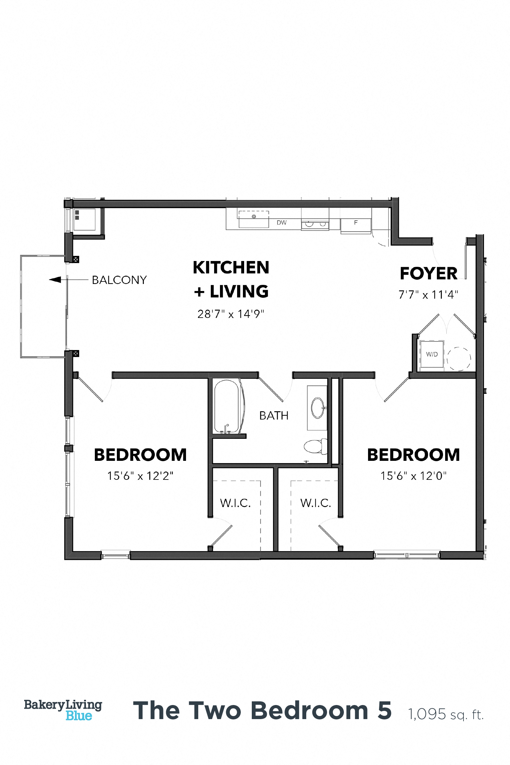 Floor plan for 2 beds, 1 bath, 1095 sqft