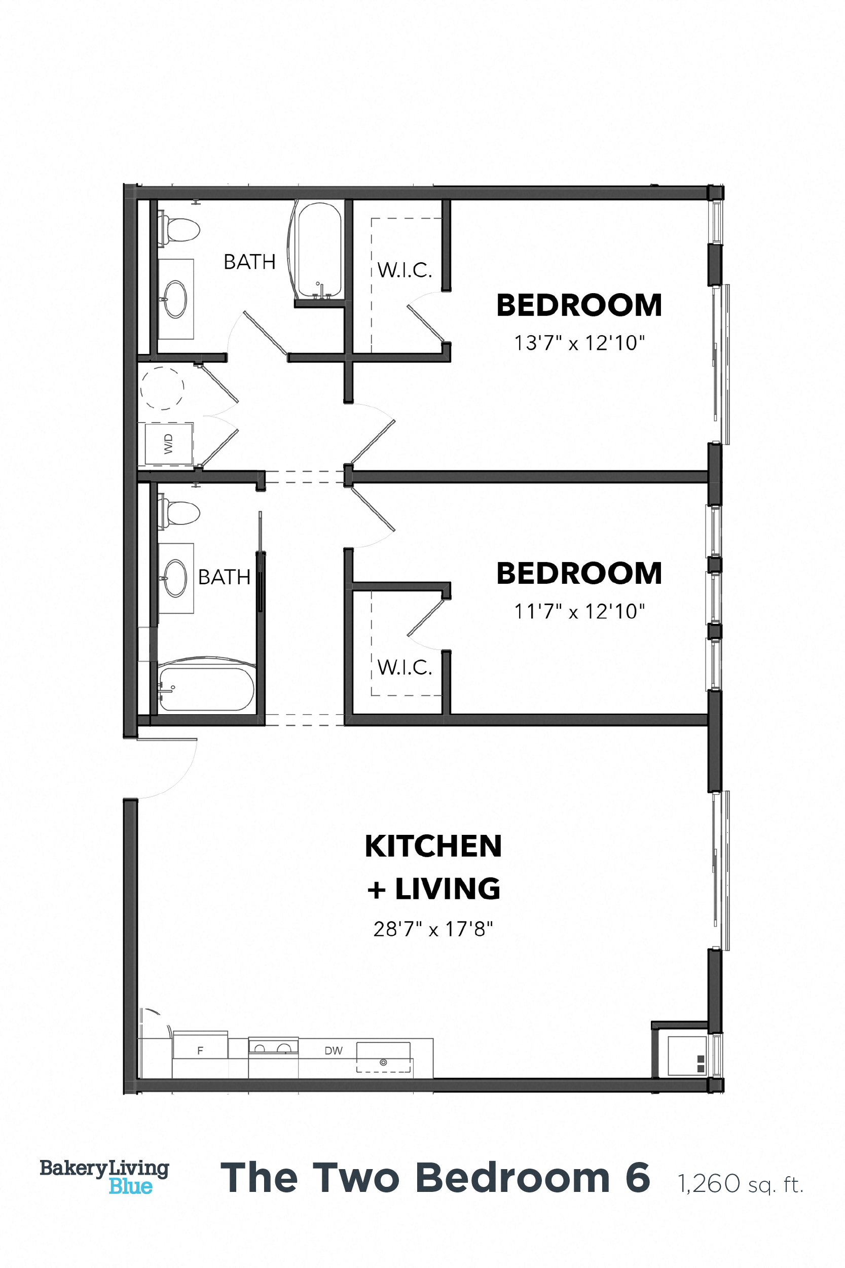 Floor plan for 2 beds, 2 baths, 1260 sqft