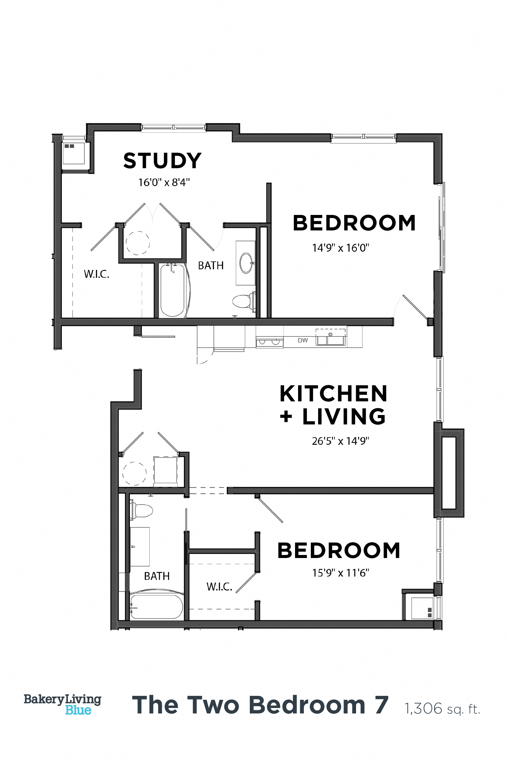 Floor plan for 2 beds, 2 baths, 1306 sqft