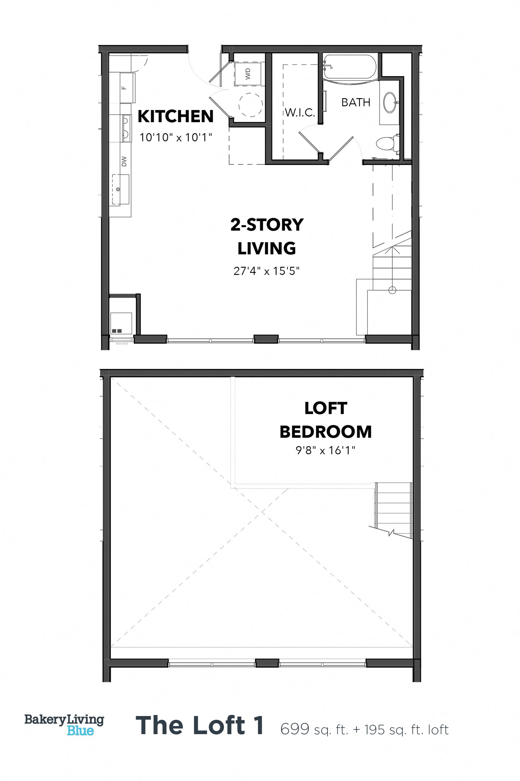 Floor plan for 1 bed, 1 bath, 894 sqft