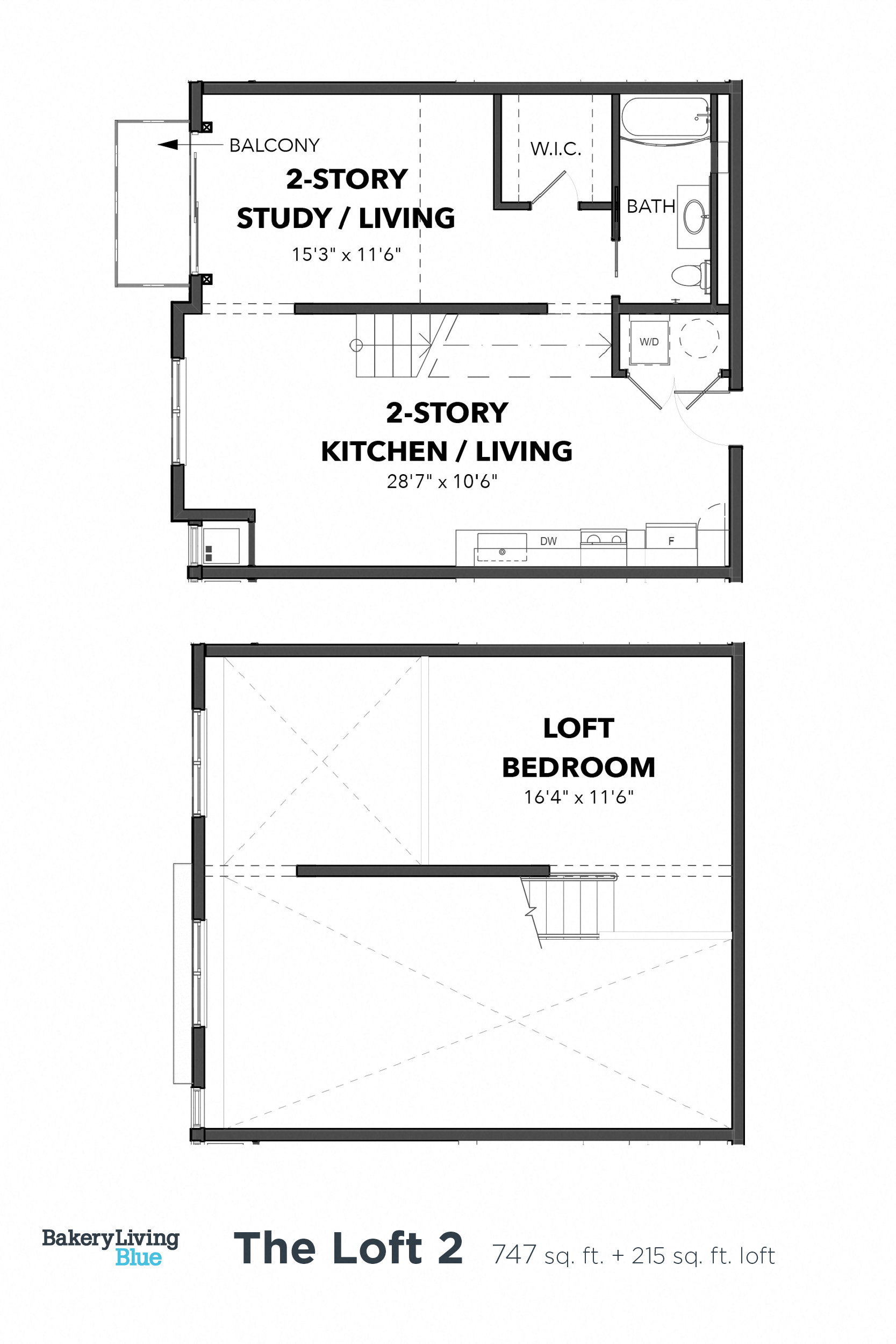 Floor plan for 1 bed, 1 bath, 962 sqft