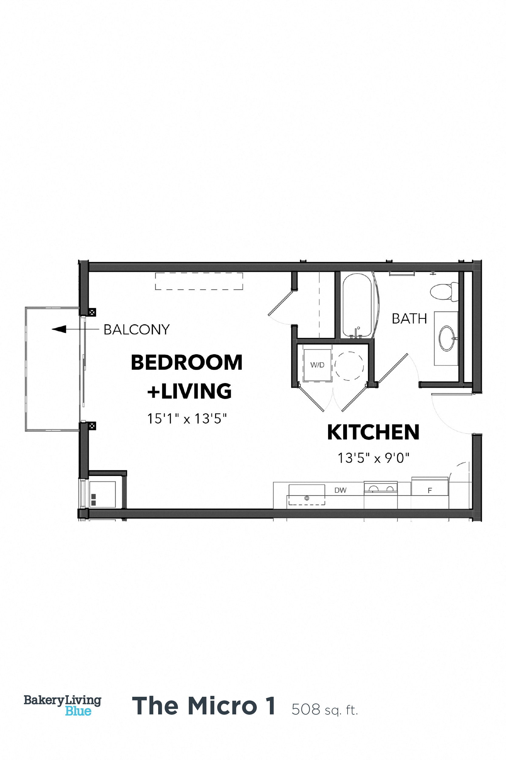 Floor plan for studio, 1 bath, 508 sqft