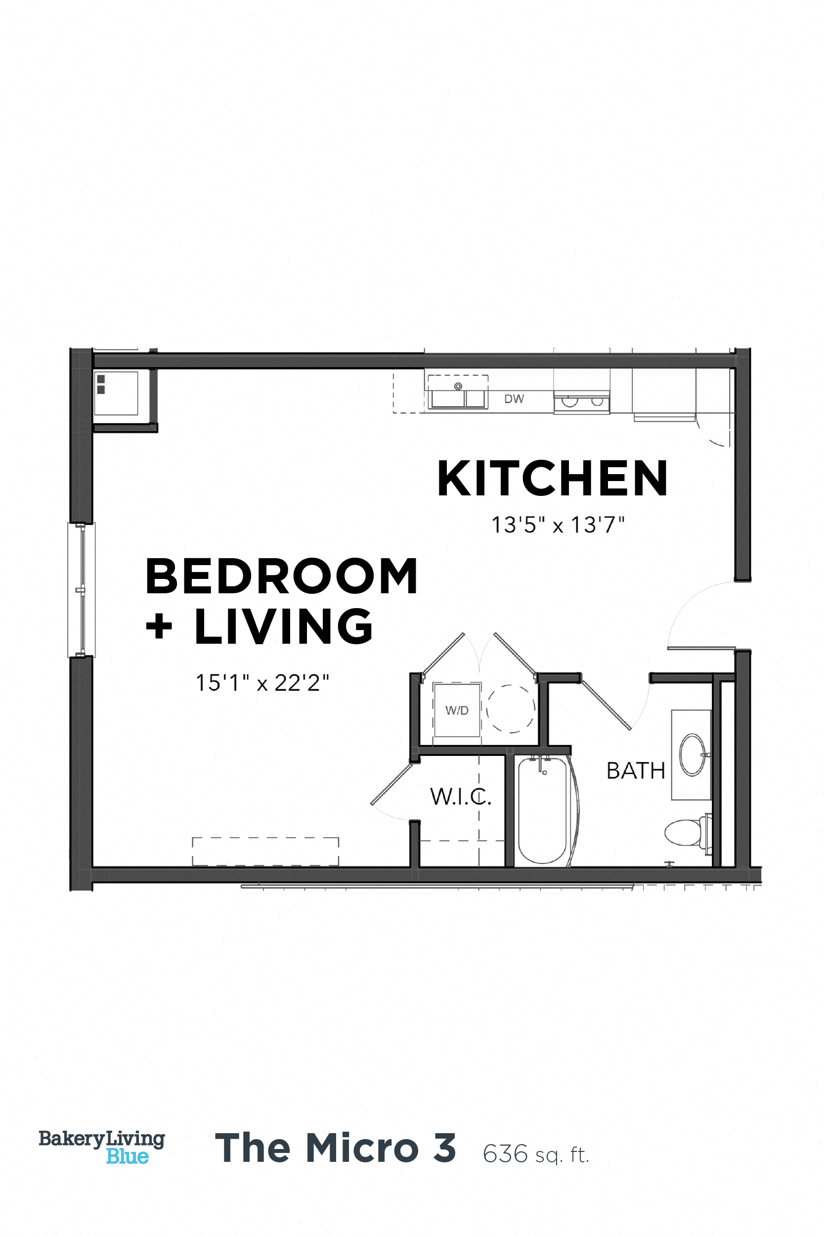 Floor plan for studio, 1 bath, 636 sqft