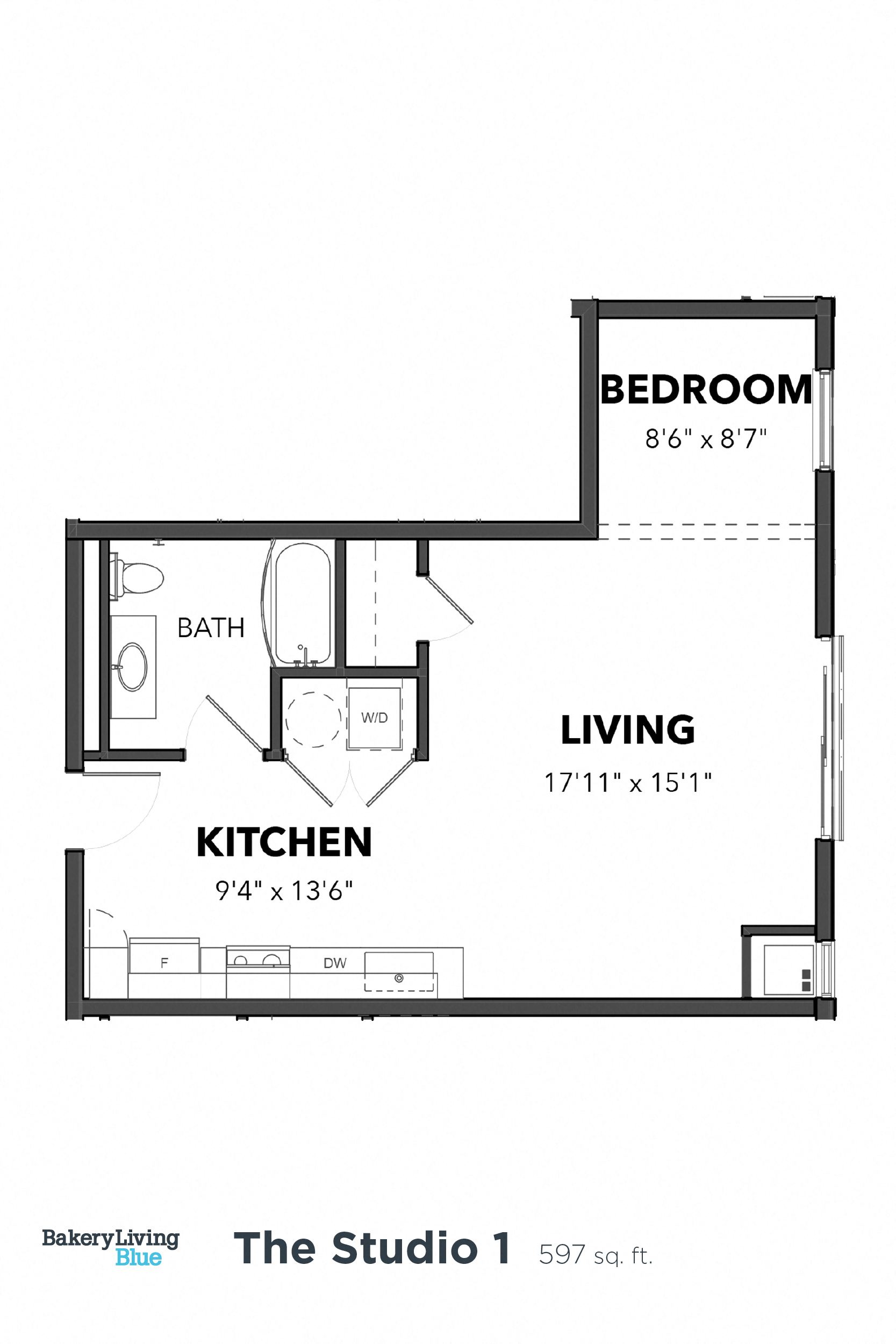 Floor plan for studio, 1 bath, 597 sqft