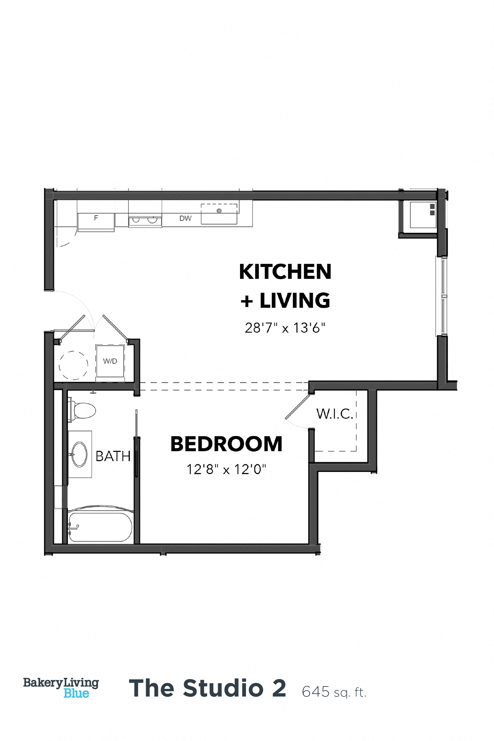 Floor plan for studio, 1 bath, 645 sqft