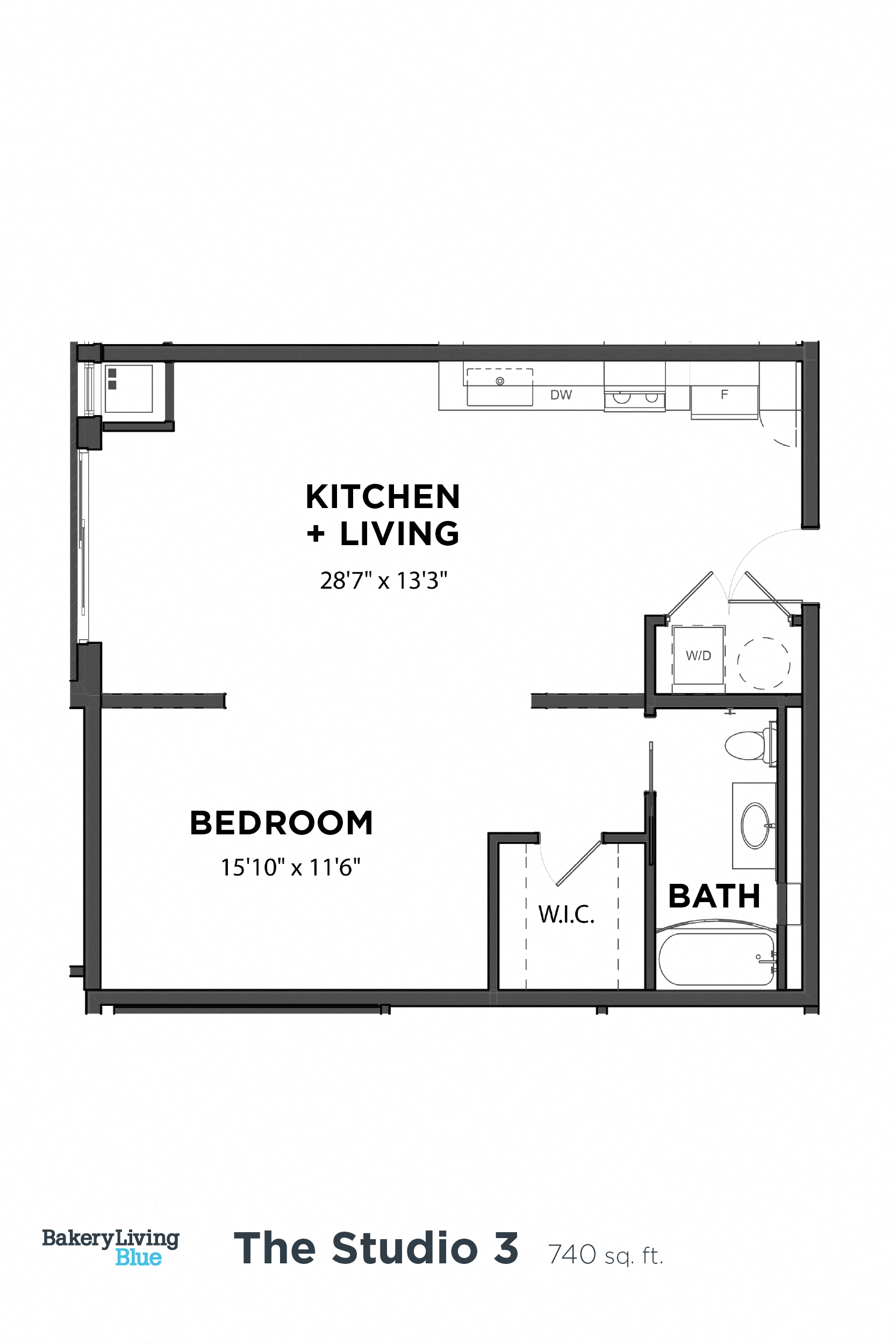 Floor plan for studio, 1 bath, 740 sqft