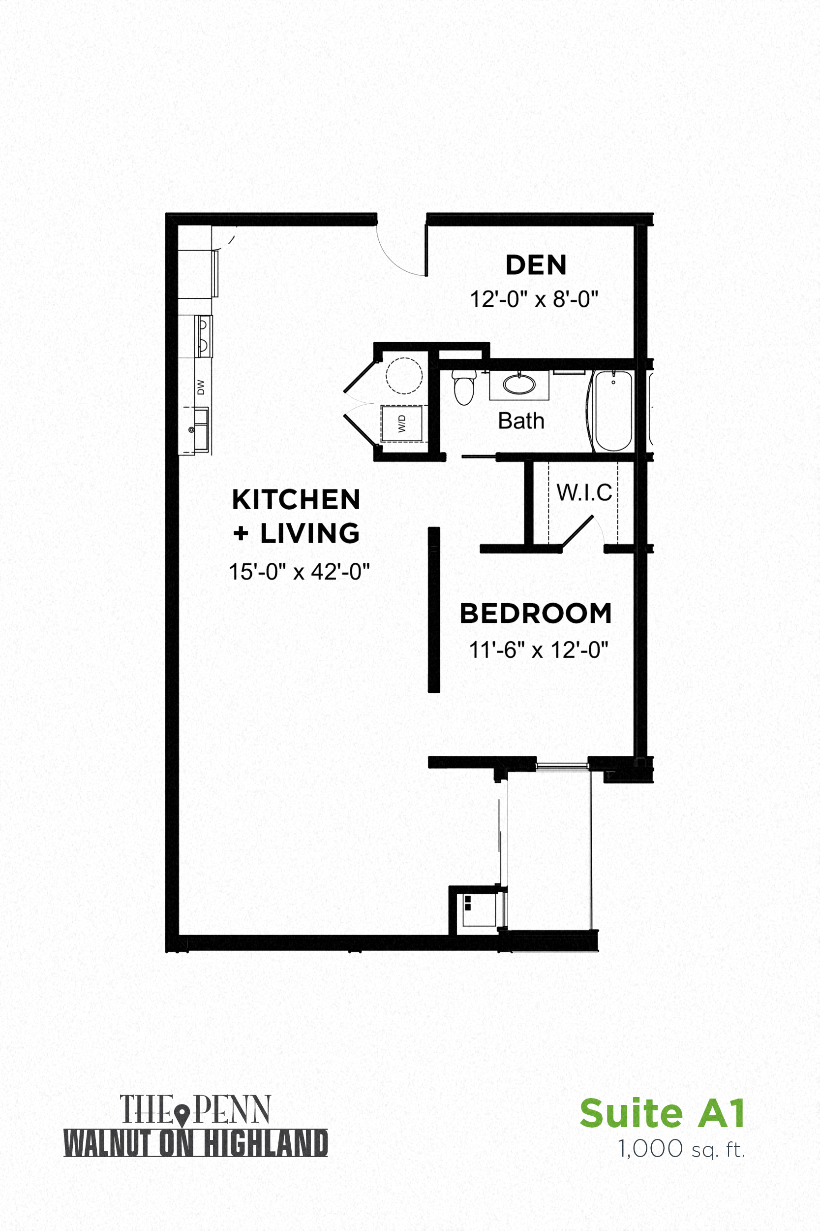Floor plan for 1 bed, 1 bath, 900 sqft