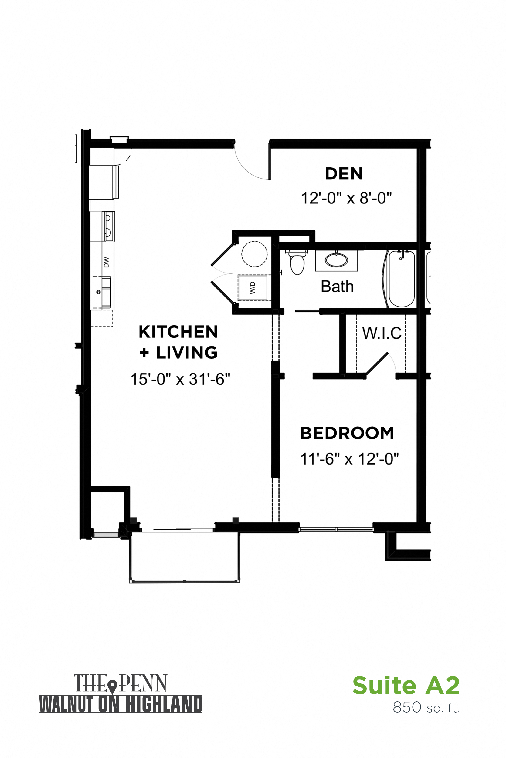 Floor plan for 1 bed, 1 bath, 850 sqft