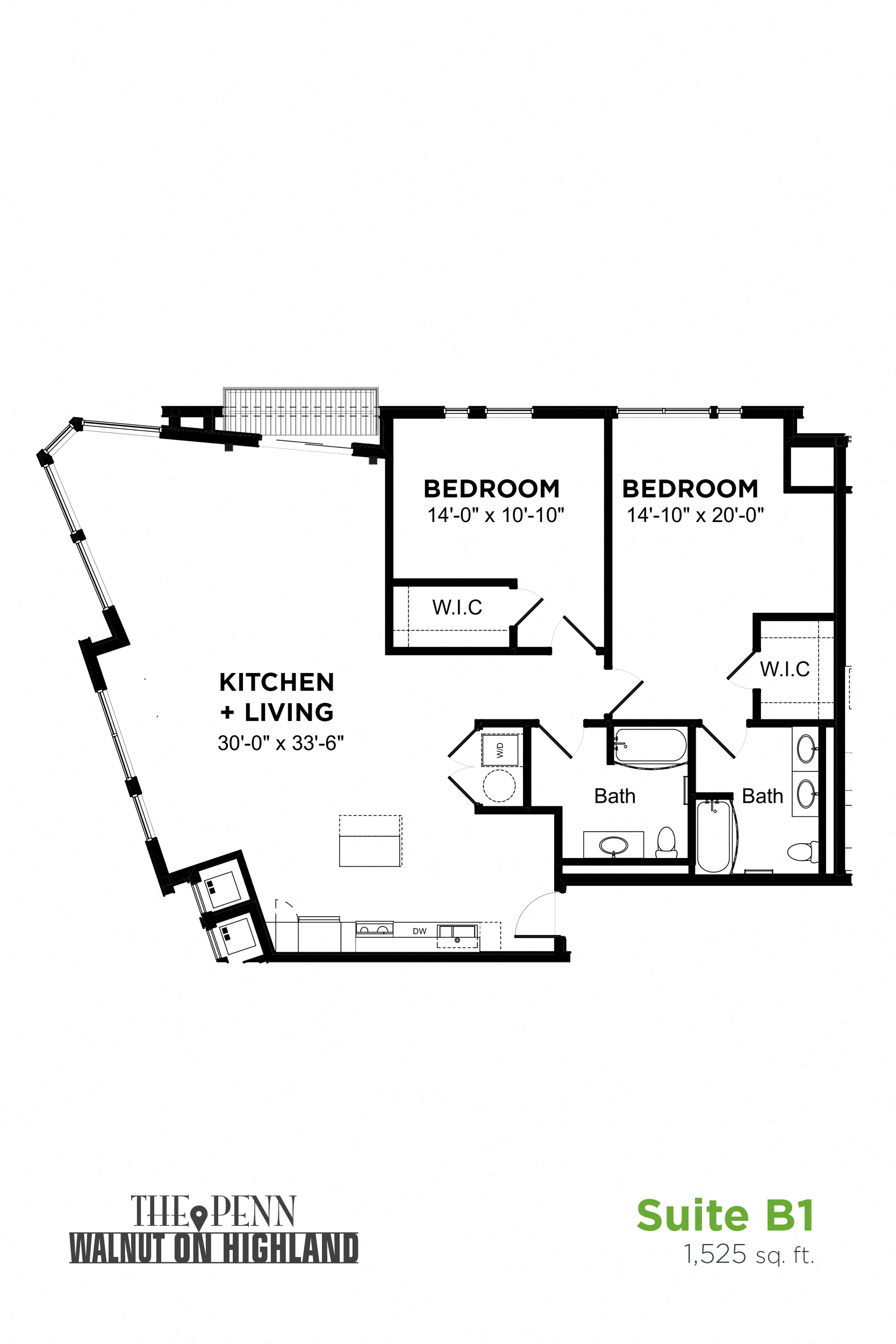 Floor plan for 2 beds, 2 baths, 1525 sqft