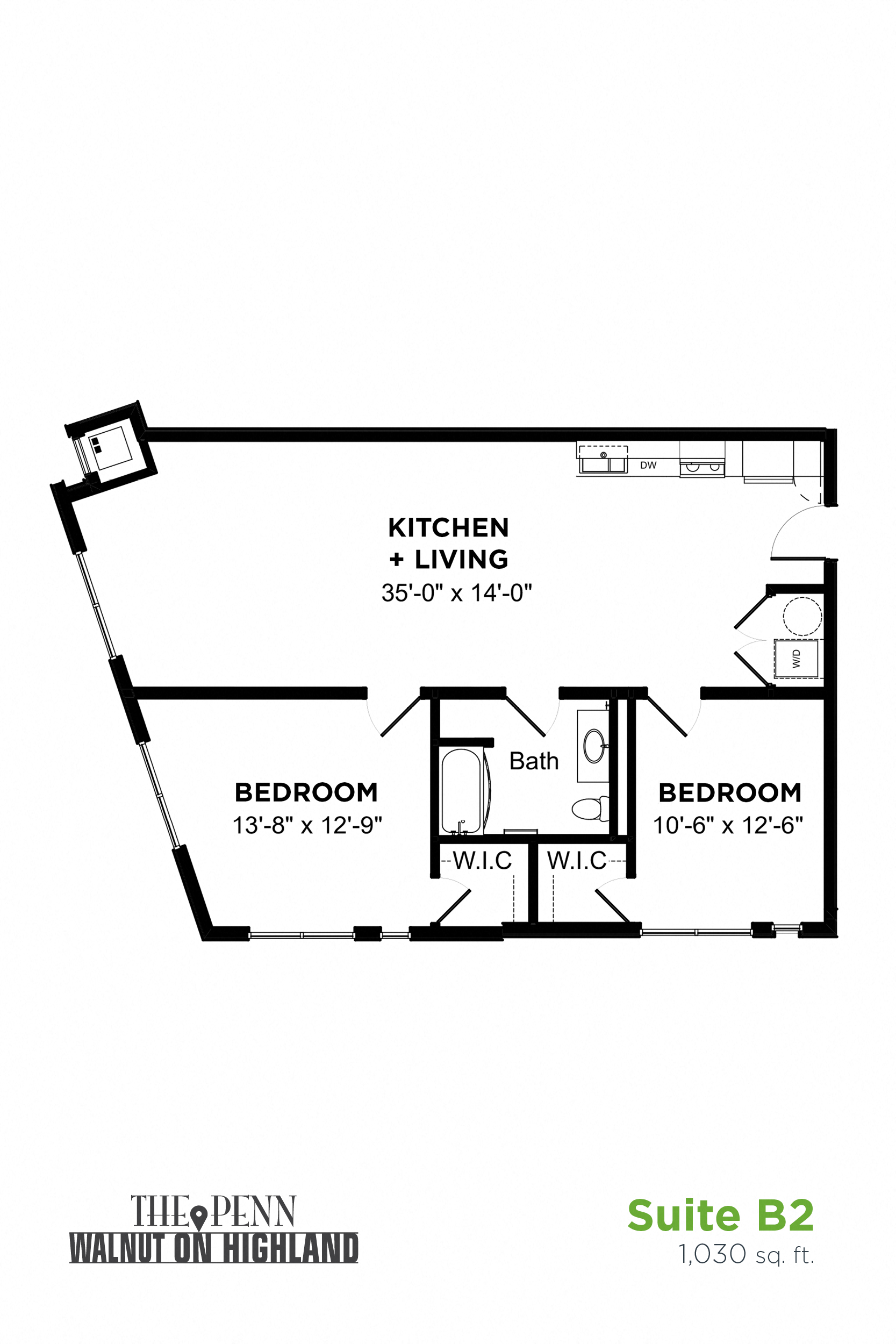 Floor plan for 2 beds, 1 bath, 1030 sqft