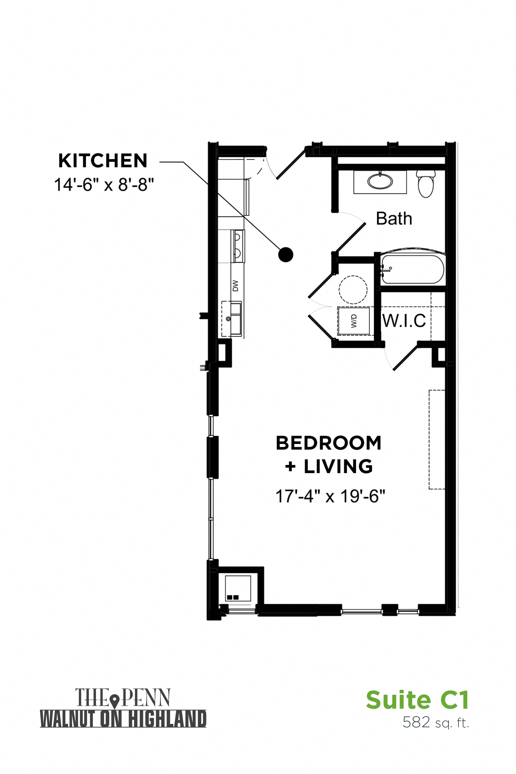 Floor plan for studio, 1 bath, 582 sqft