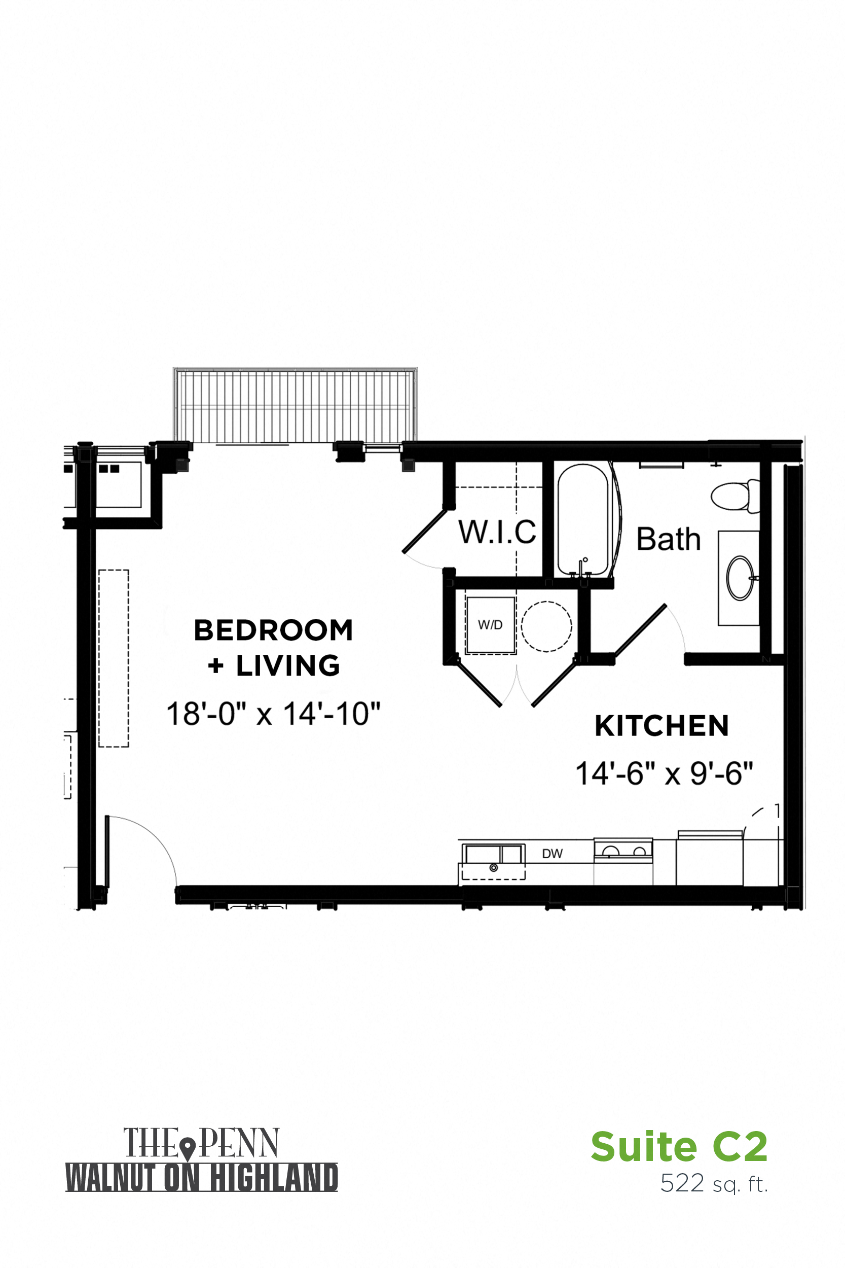 Floor plan for studio, 1 bath, 522 sqft