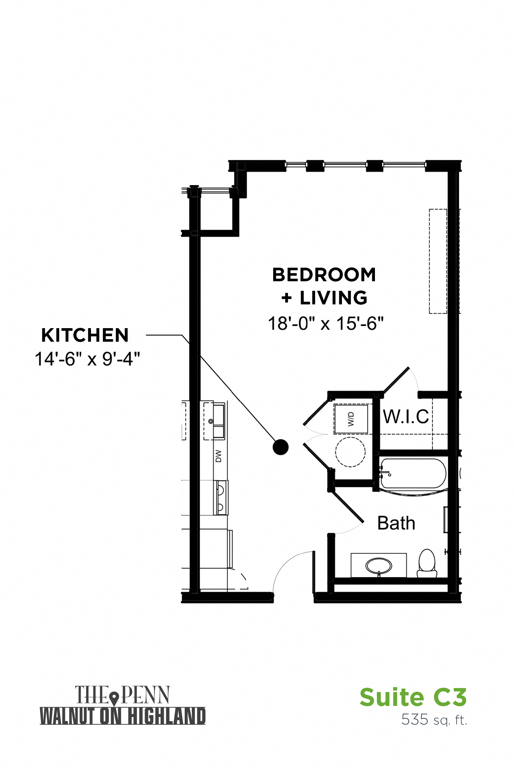 Floor plan for studio, 1 bath, 535 sqft