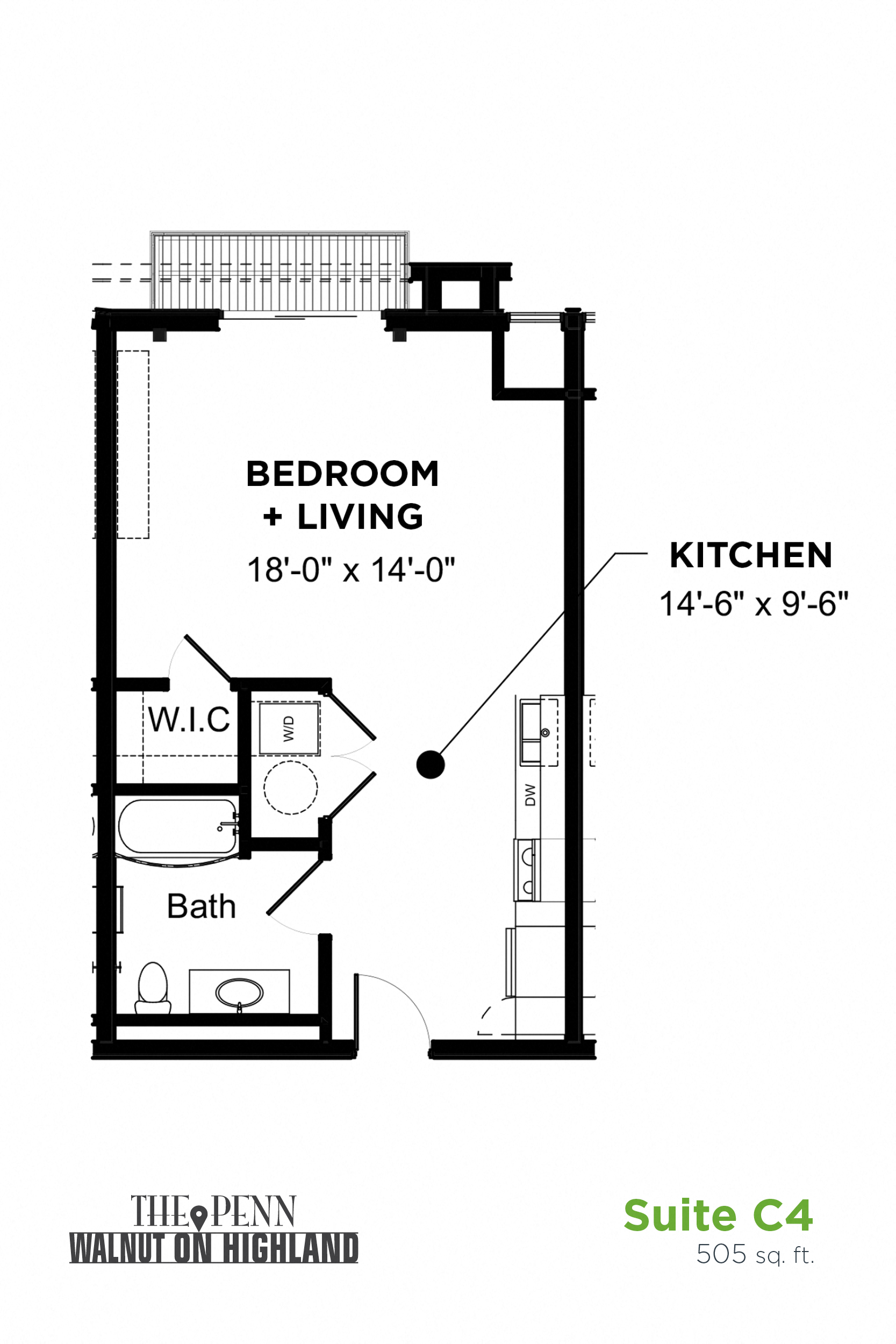 Floor plan for studio, 1 bath, 505 sqft