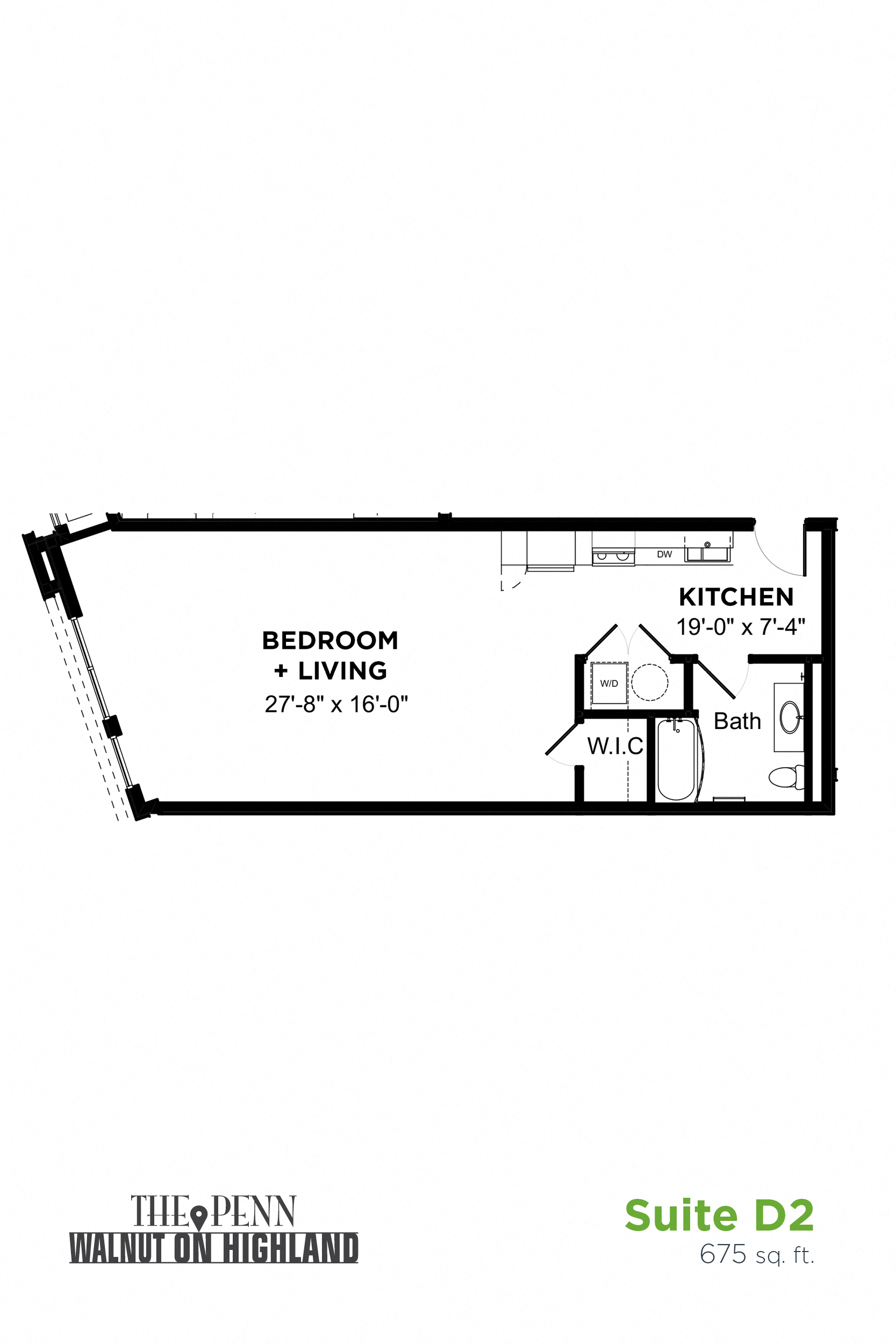 Floor plan for studio, 1 bath, 675 sqft