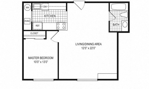 Floor plan for 1 bed, 1 bath, 604 sqft
